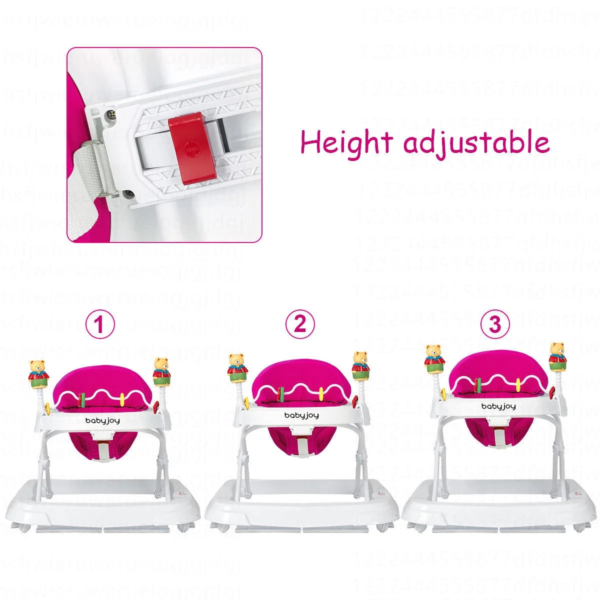 Baby Walker Adjustable Height Removable Toy Wheels Folding Portable Pink