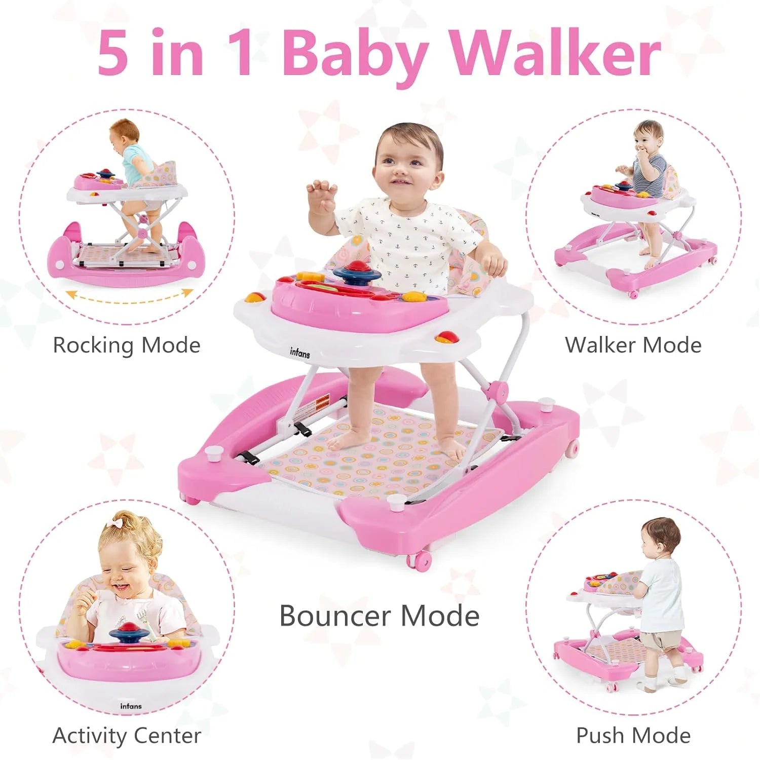 Baby Walker, 6 in 1 behind Walker Learning Seated Rocker Bouncer with Removable Music Tray, Adjustable Height, Washable Seat Cushion, Foldable Activity Center for Toddlers