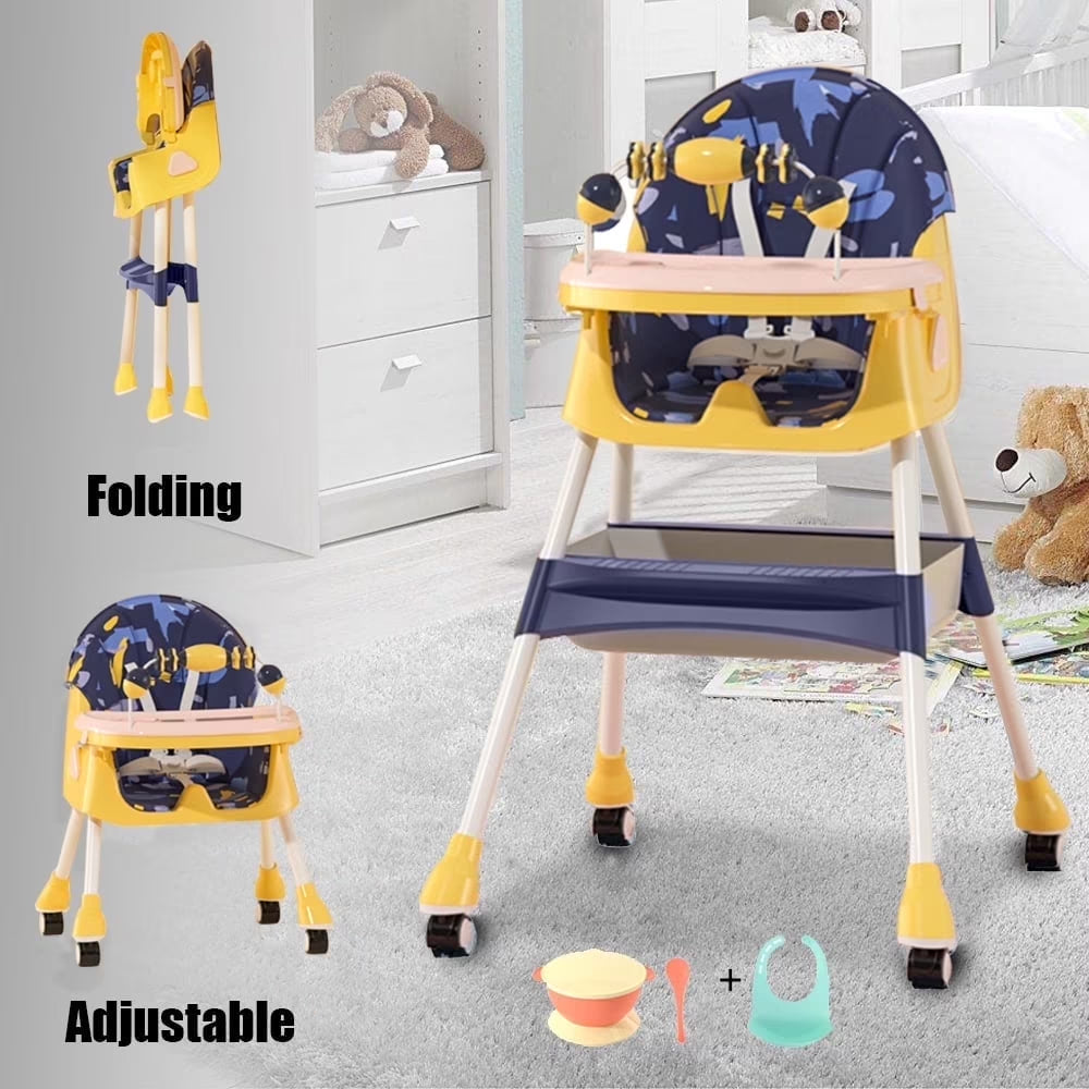4-In-1 Baby High Chair Portable Baby Toddler Dining Chairs Eat & Play Convertible High Chair with 5-Point Harness, Dinner Plate and Toy Rack, Yellow