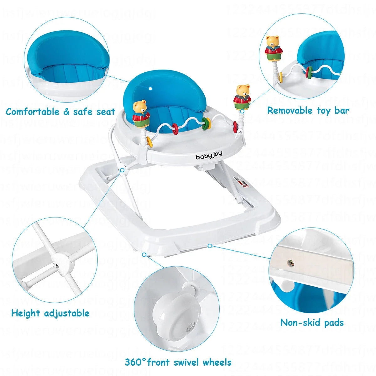 Baby Walker Adjustable Height Removable Toy Wheels Folding Portable Blue