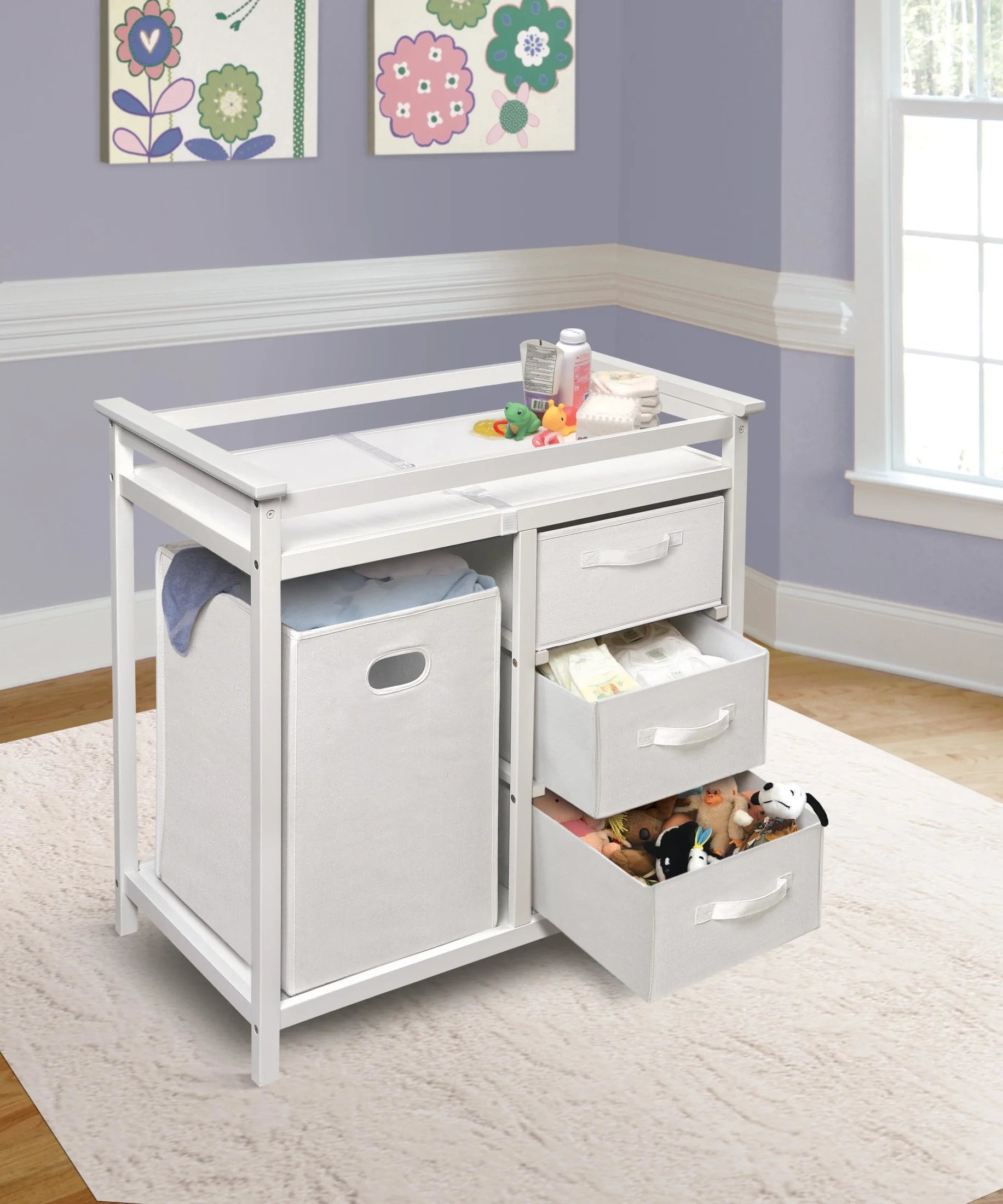 Modern Wooden Baby Diaper Changing Table with Hamper, 3 Baskets and Pad Included, White