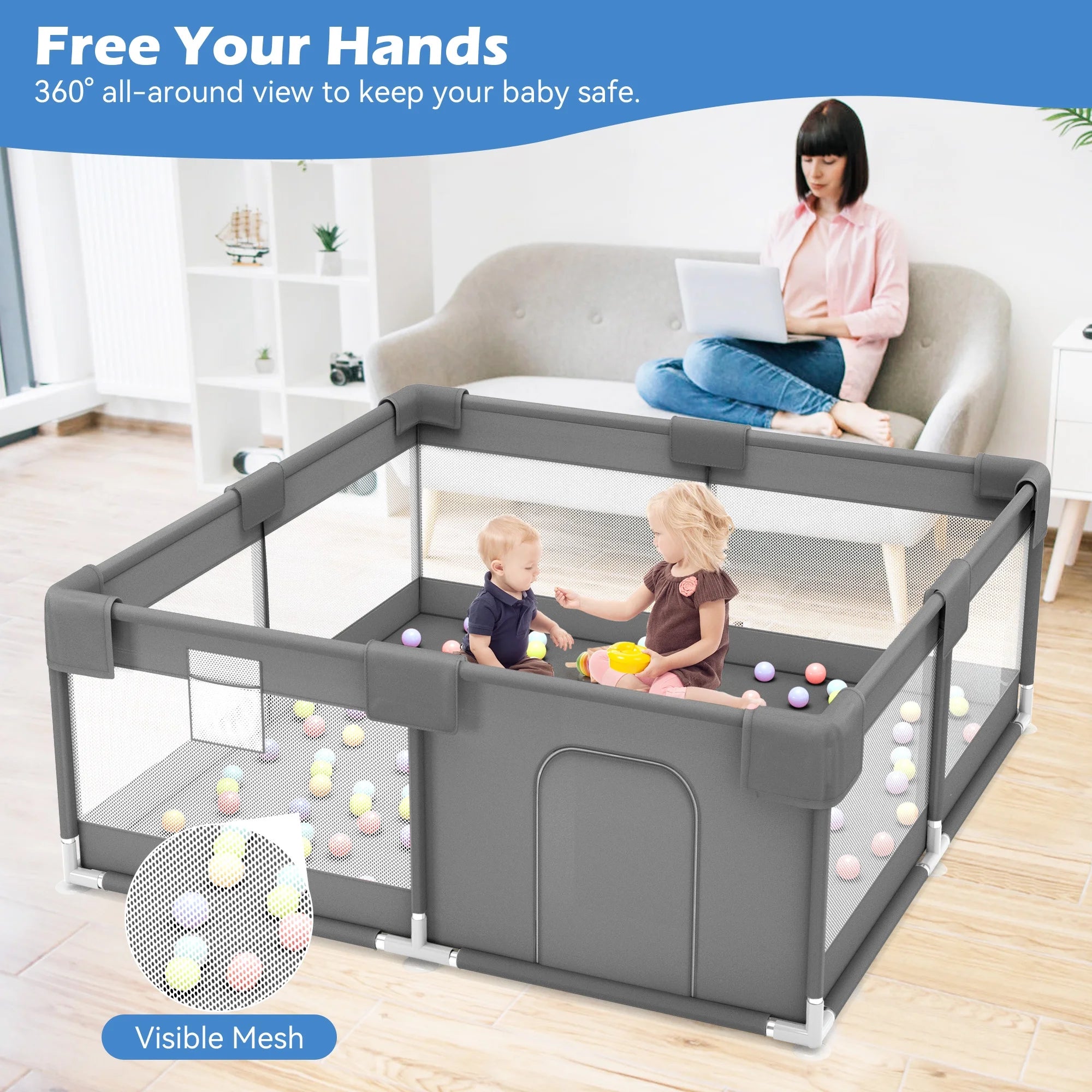 Baby Playpen,50X50 Inch Baby Playards for Babies and Toddlers,Fence Baby Play Yards for Indoor & Outdoor with Breathable Mesh,Dark Gray