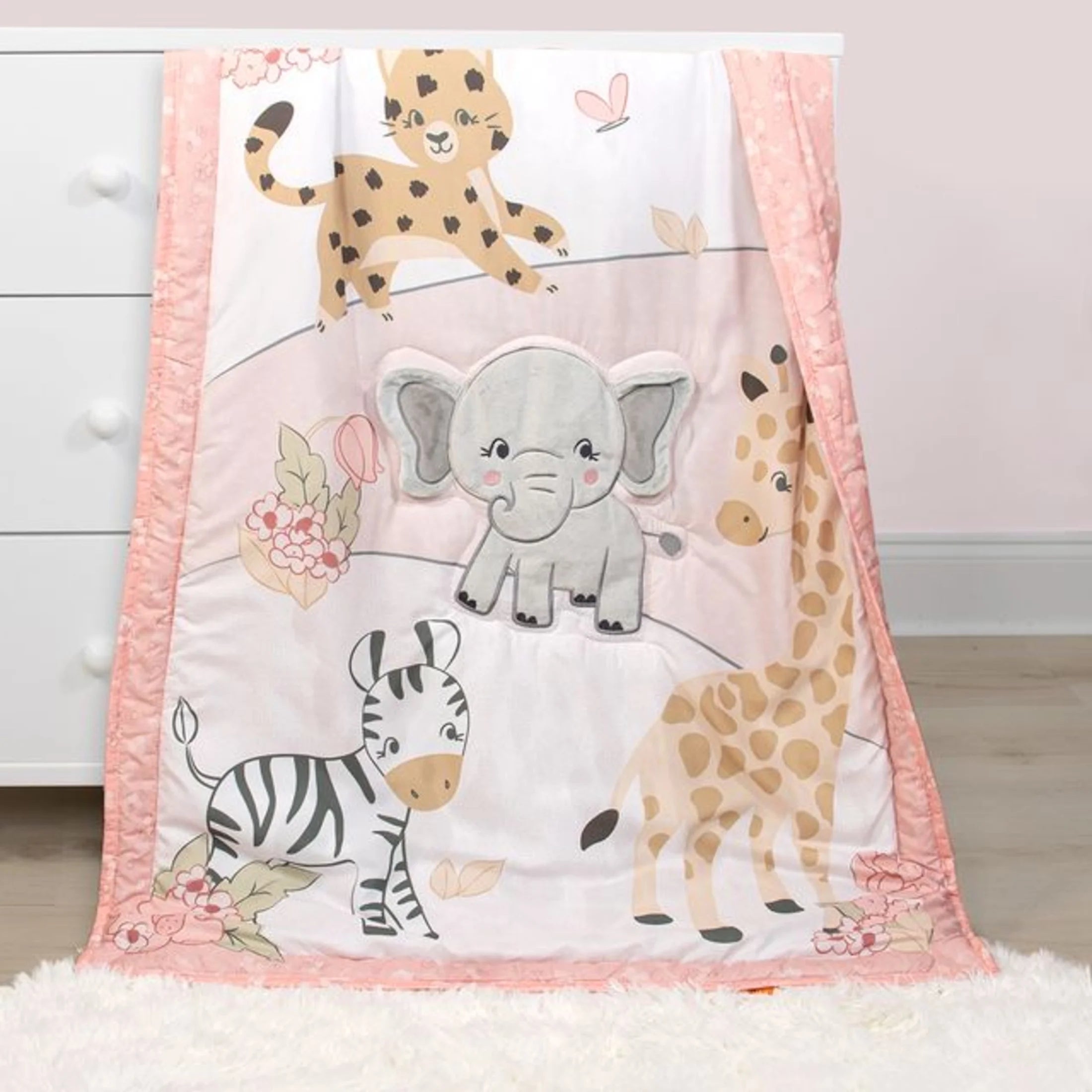Pink and Grey Wildest Dreams Crib Bedding Set for Baby Girls, 3 Piece Nursery Set