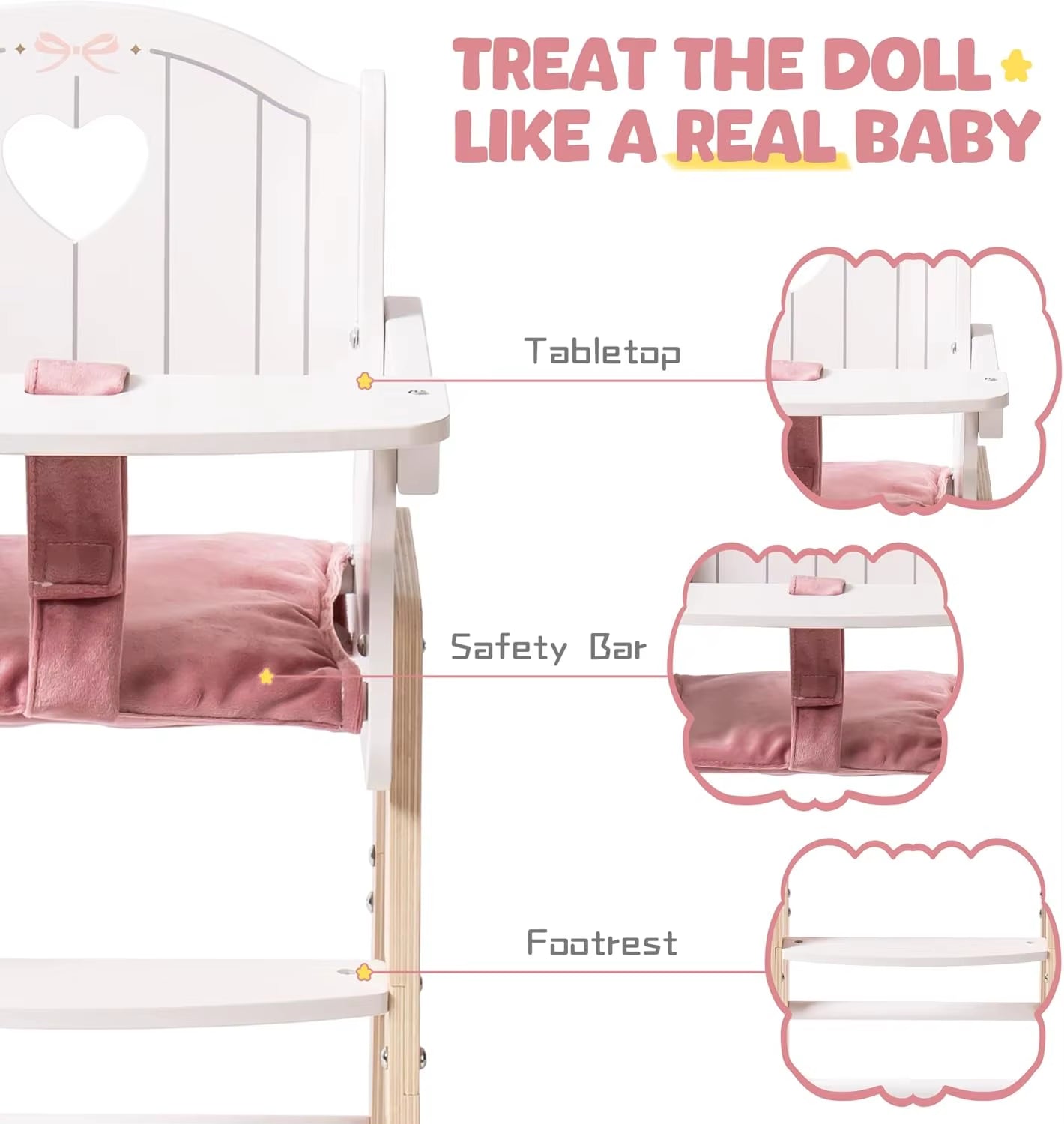 Robud Doll High Chair Pretend Play High Chair with Seat Belt White Wooden Baby Doll Accessories with Movable Tabletop