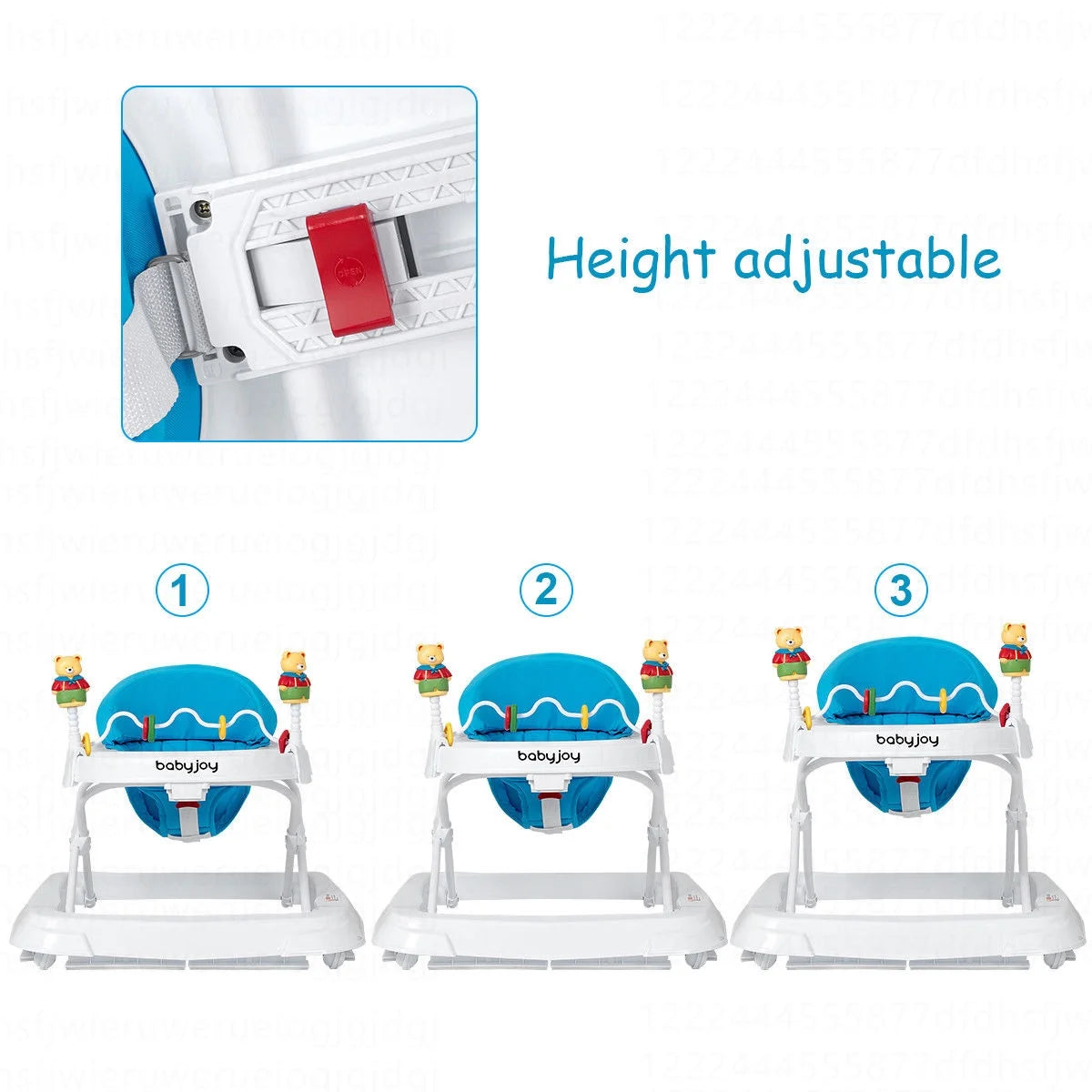 Baby Walker Adjustable Height Removable Toy Wheels Folding Portable Blue