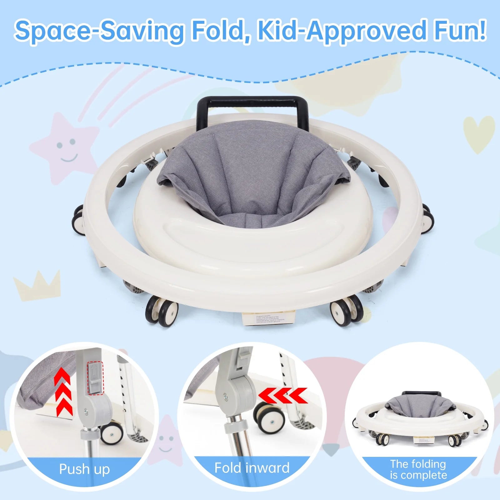 Baby Walker, Portable/Foldable/9 Adjustable Heights/With Wheels/Non-Slip Placement for 6-12 Months, White