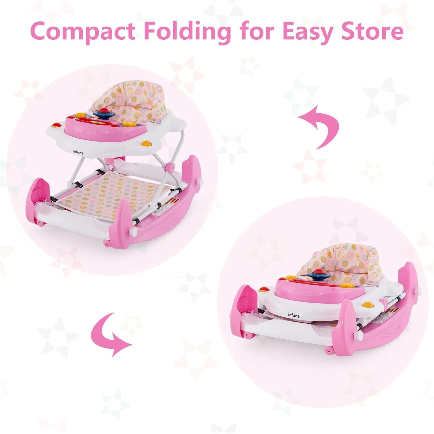 Baby Walker, 6 in 1 behind Walker Learning Seated Rocker Bouncer with Removable Music Tray, Adjustable Height, Washable Seat Cushion, Foldable Activity Center for Toddlers