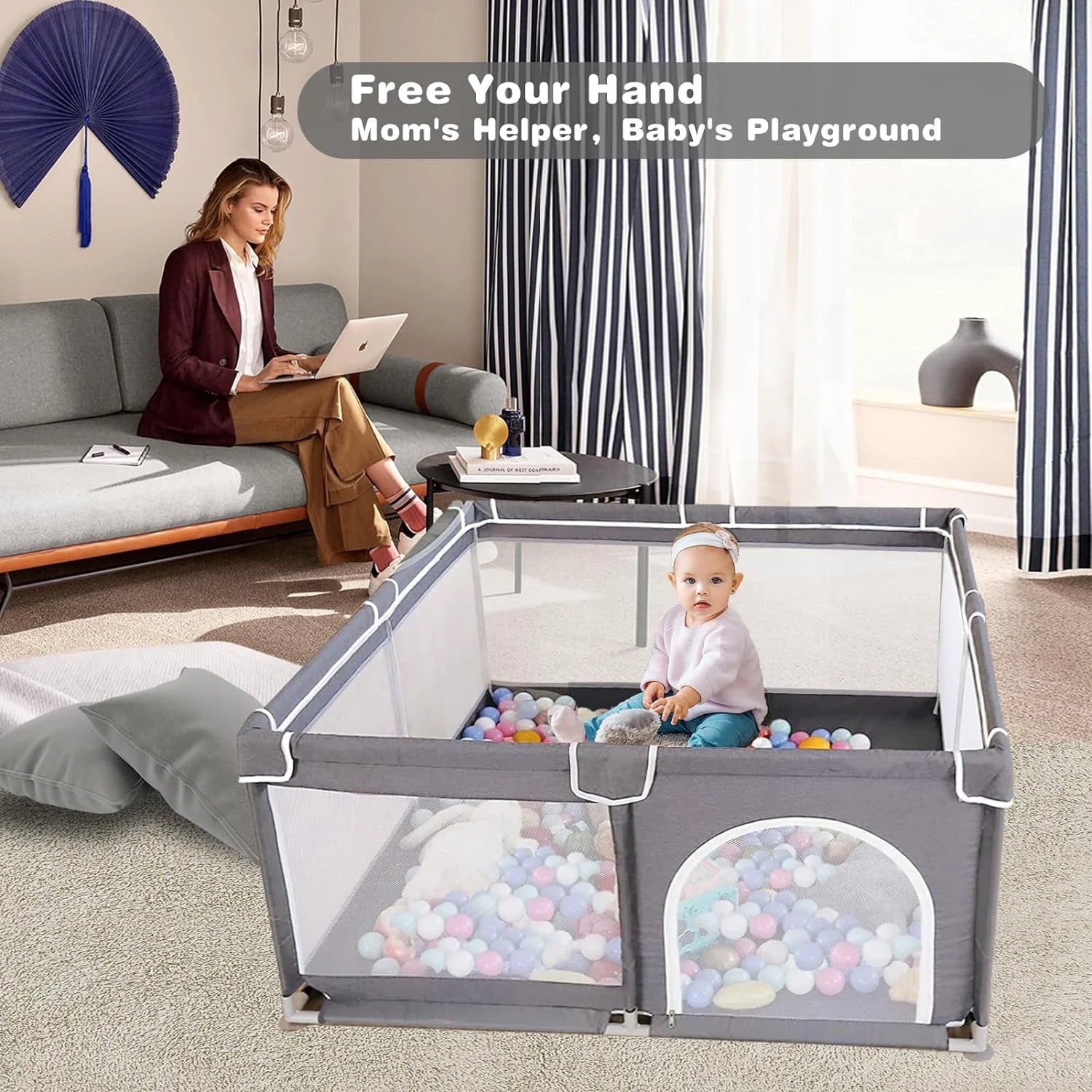 Baby Playpen, 50X50X27" Large Activity Center with Gate, Anti-Slip Base, Gray
