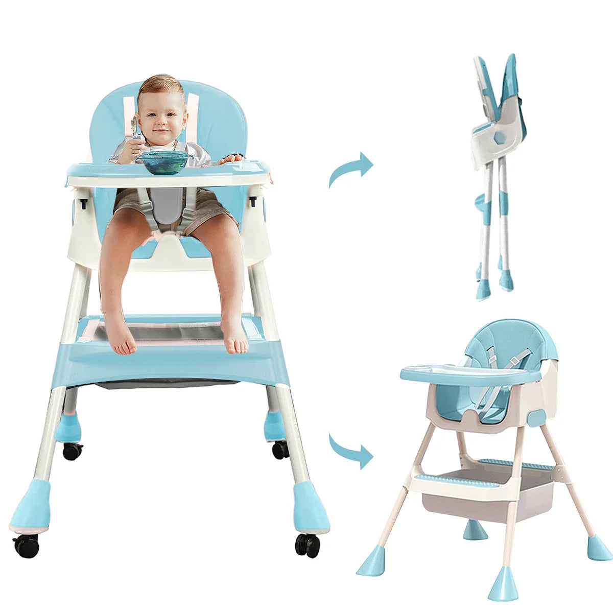 4-In-1 Baby High Chair Portable Baby Toddler Dining Chairs Eat & Play Convertible High Chair with 5-Point Harness, Dinner Plate and Toy Rack, Dark Blue