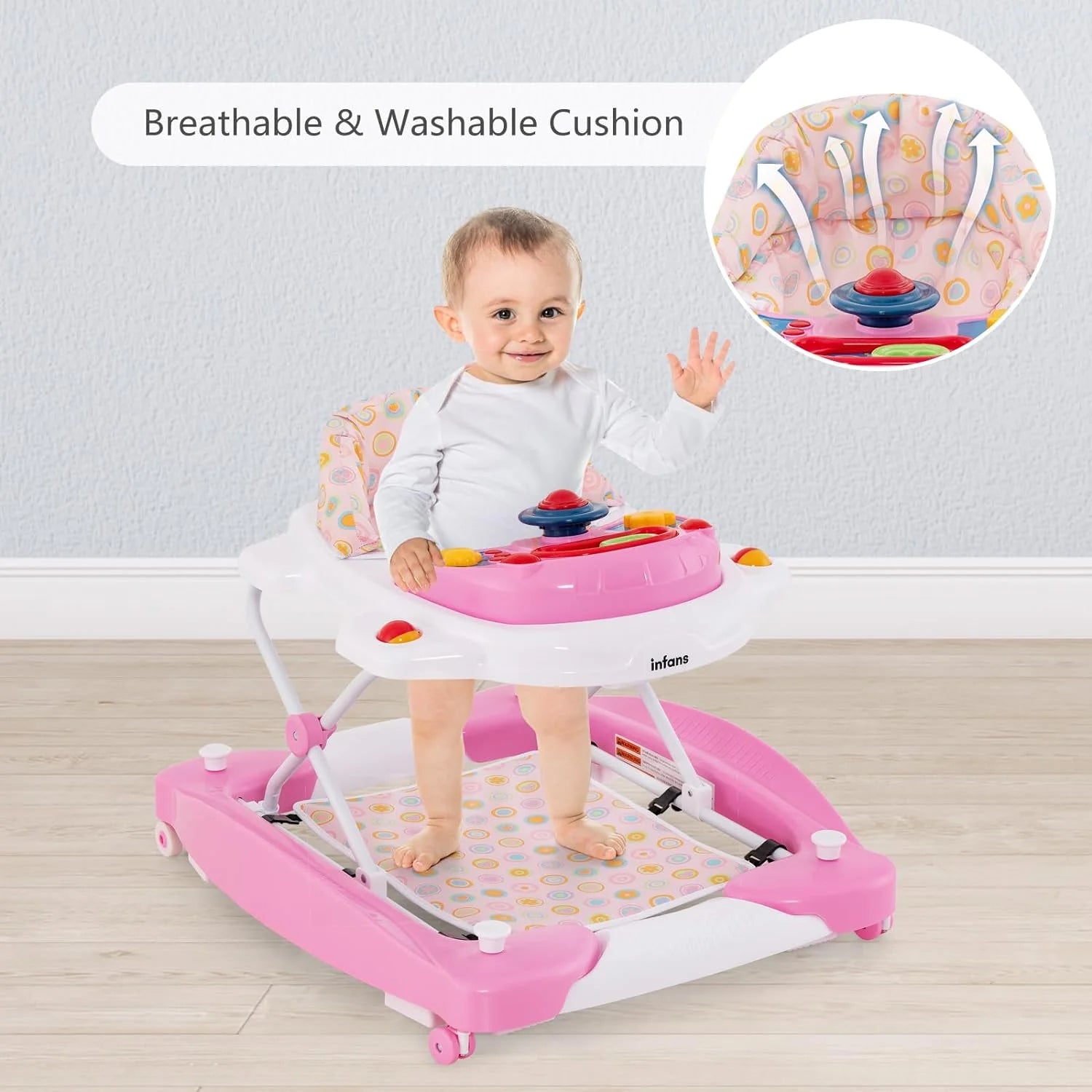 Baby Walker, 6 in 1 behind Walker Learning Seated Rocker Bouncer with Removable Music Tray, Adjustable Height, Washable Seat Cushion, Foldable Activity Center for Toddlers