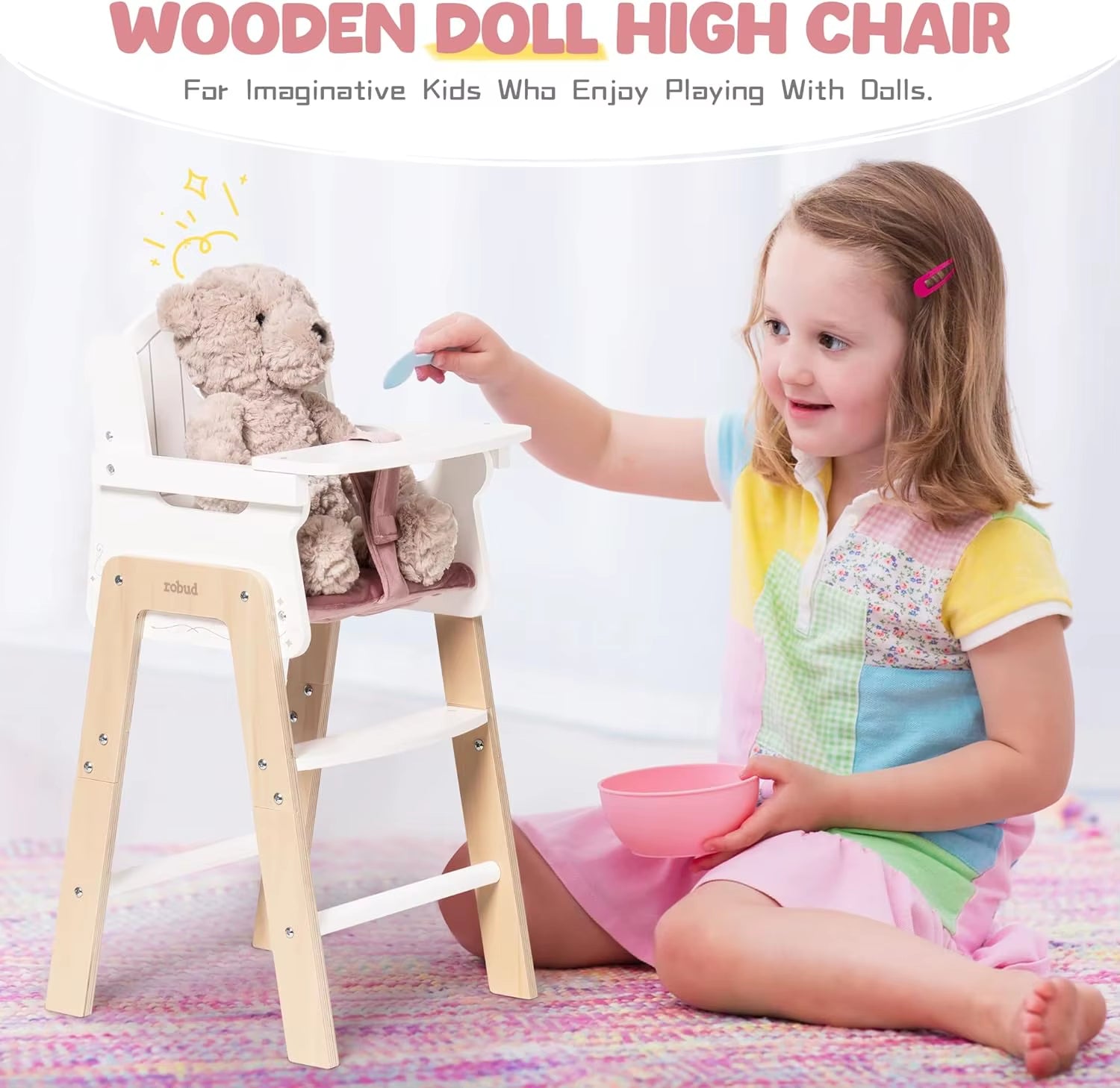 Robud Doll High Chair Pretend Play High Chair with Seat Belt White Wooden Baby Doll Accessories with Movable Tabletop