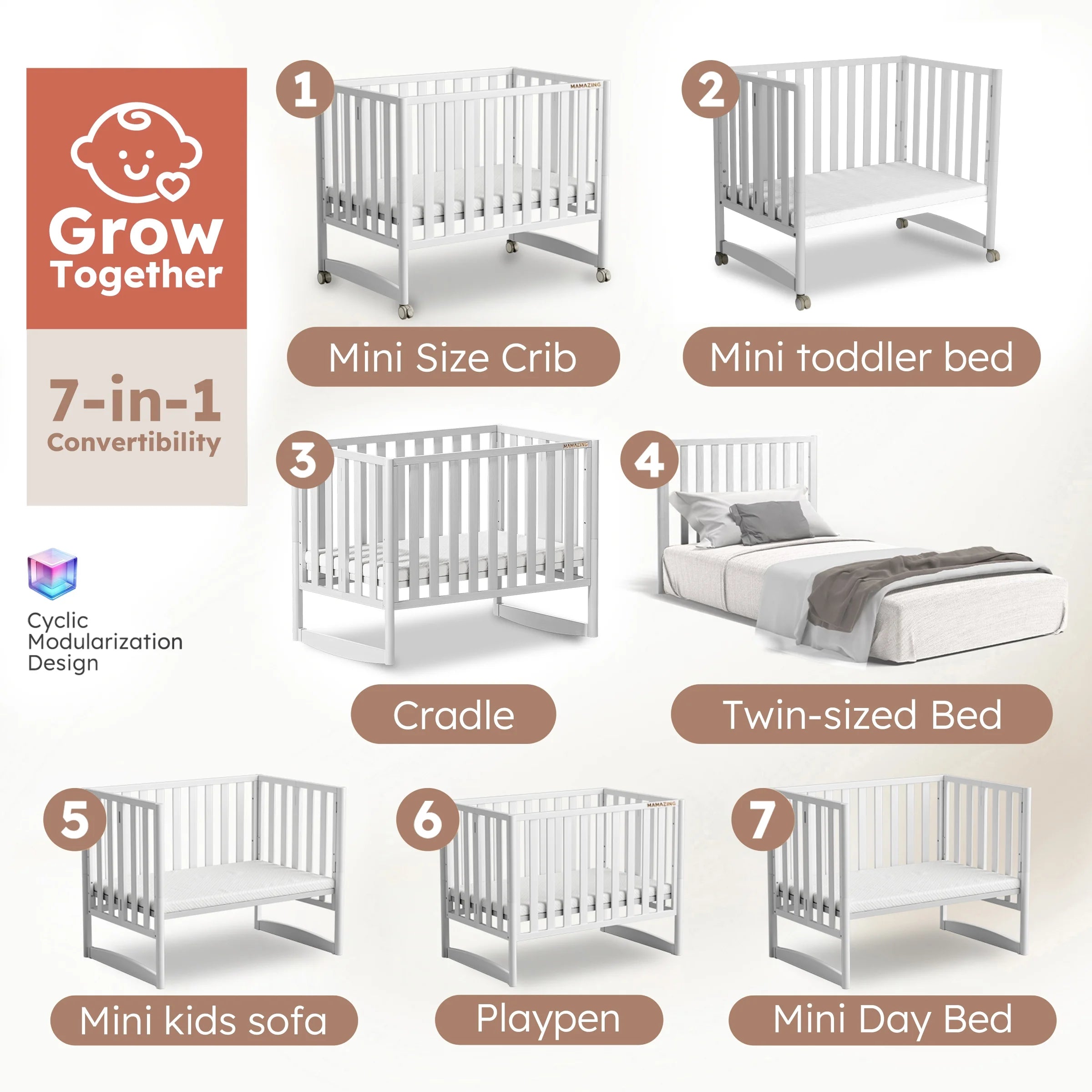 7-In-1 Convertible Baby Crib with Mattress, 4 Adjustable Heights Pinewood Foldable Infant Cradle Converts to Twin Bed Playpen Mini Sofa