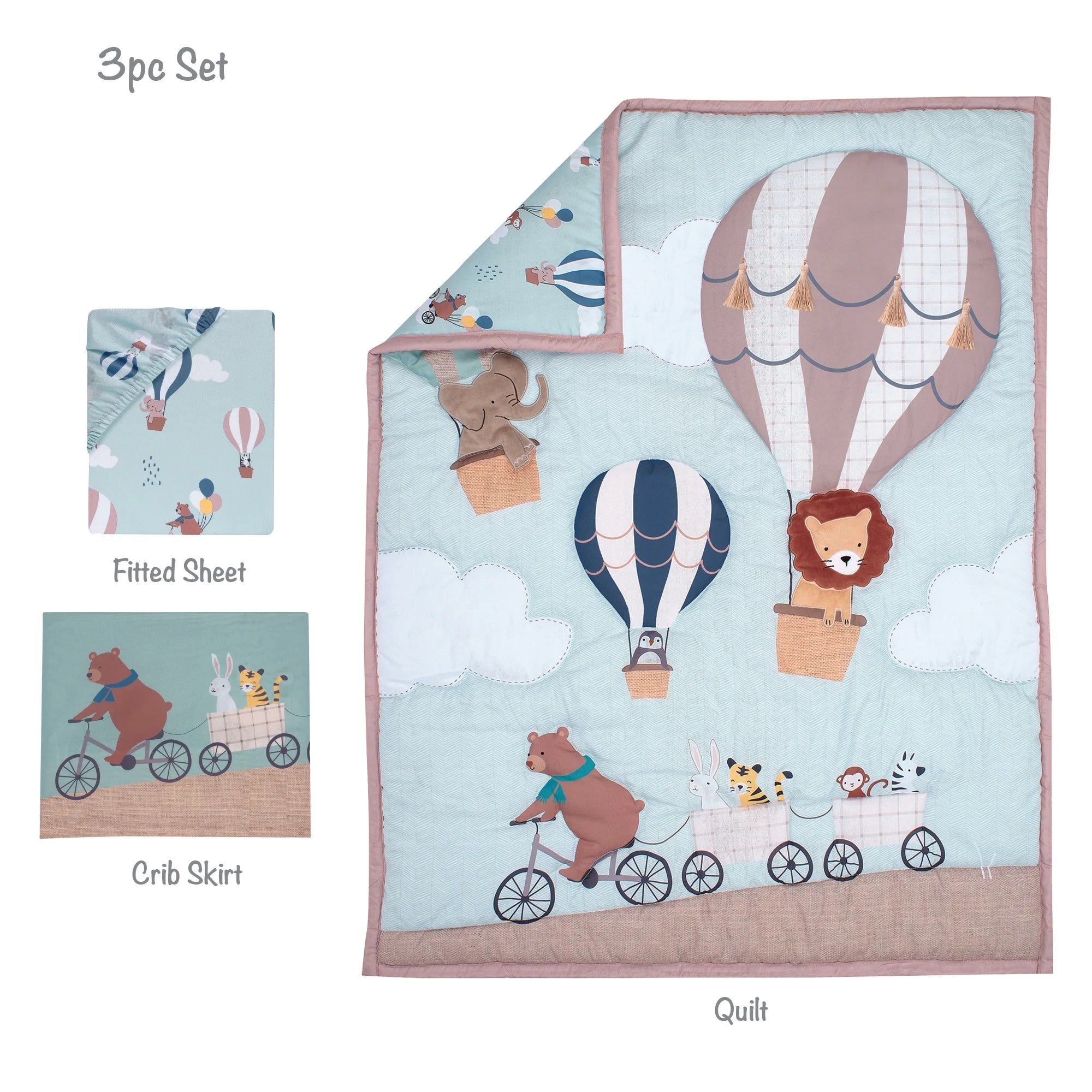 up up & Away 3-Piece Animals/Hot Air Balloon Crib Bedding Set