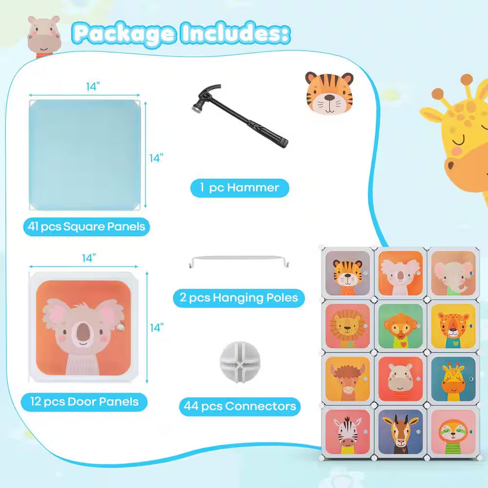 12-Cube Kids Wardrobe Baby Dresser Bedroom Armoire Clothes Hanging Closet with Door Blue