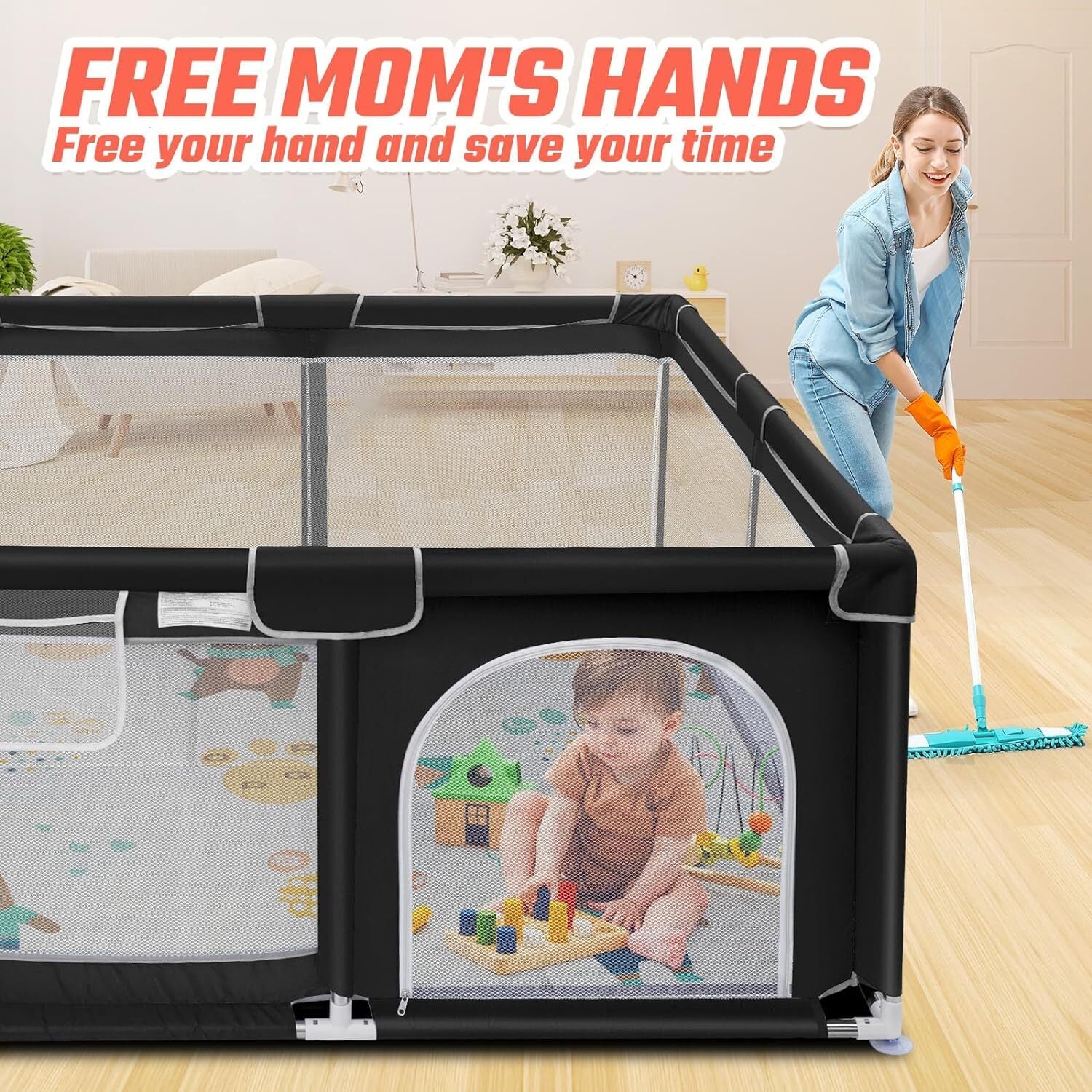 Foldable Baby Playpen Kids Safety Play Pen Yard Fence Tent + Anti-Slip Mat