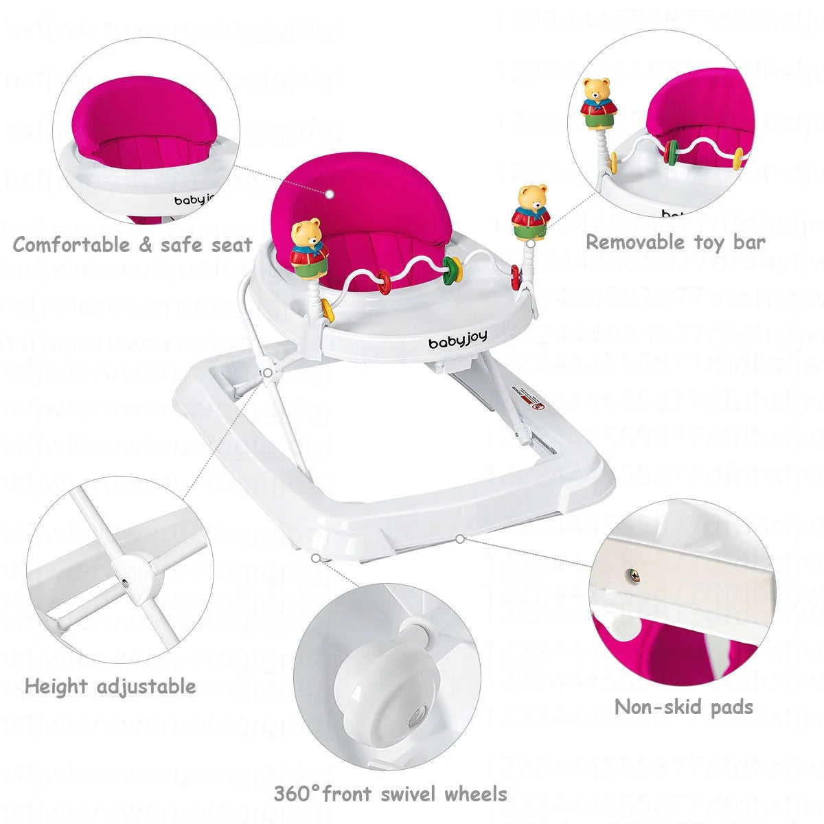 Baby Walker Adjustable Height Removable Toy Wheels Folding Portable Pink