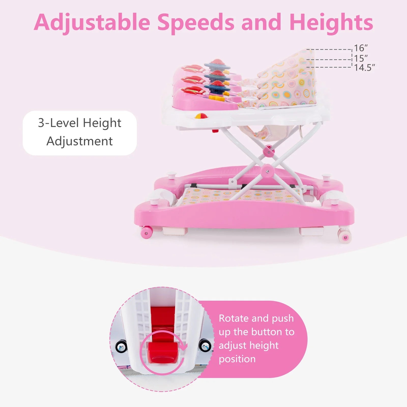 Baby Walker, 6 in 1 behind Walker Learning Seated Rocker Bouncer with Removable Music Tray, Adjustable Height, Washable Seat Cushion, Foldable Activity Center for Toddlers