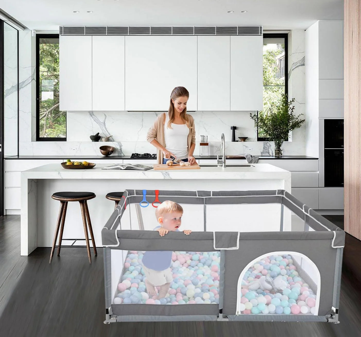 Baby Playpen, 50X50X27" Large Activity Center with Gate, Anti-Slip Base, Gray