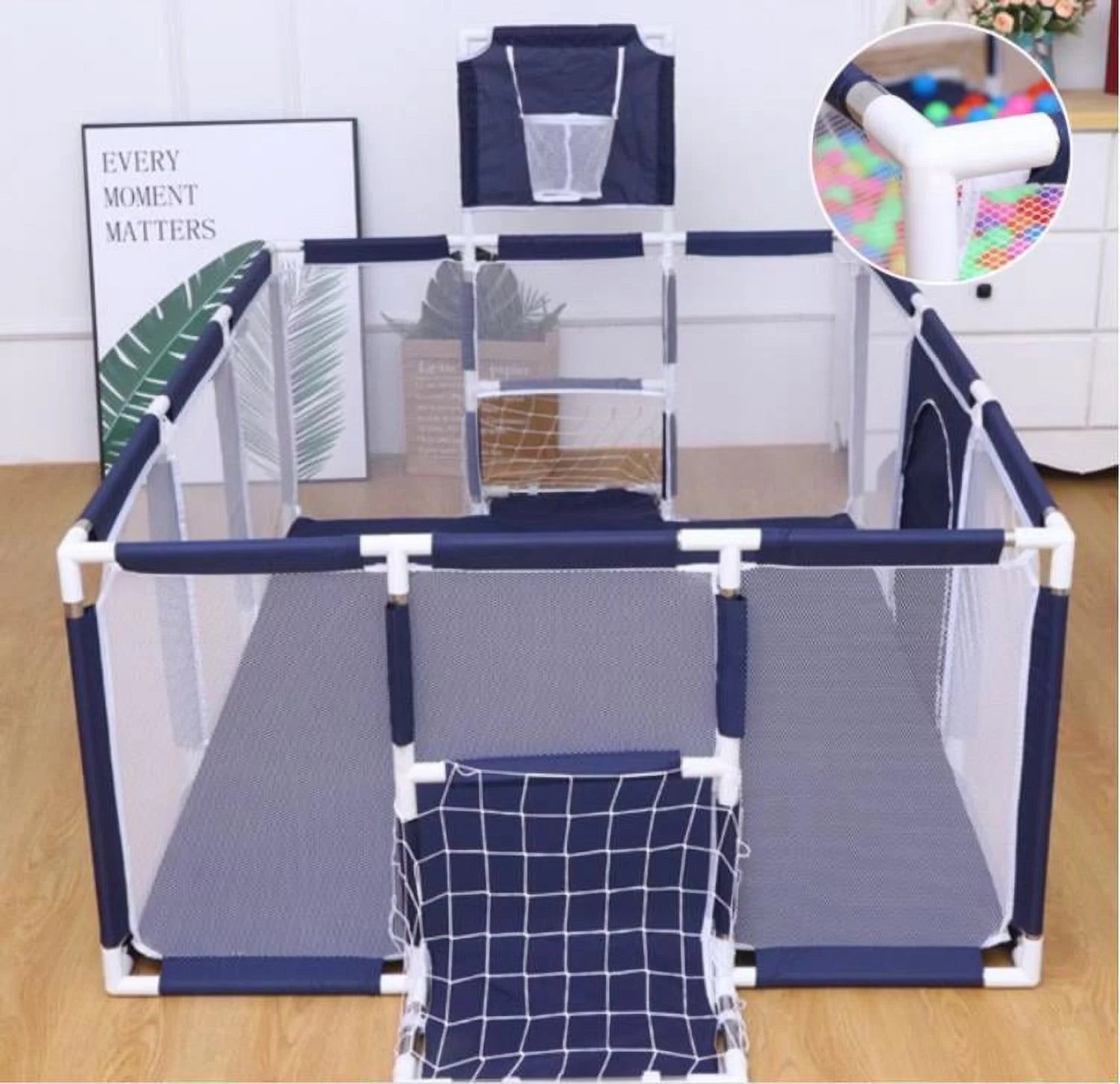 91 Inch Large Kid Baby Playpen Playard with Basketball Hoop,Folding Breathable Mesh Infant Children Play Game Fence for Indoors Outdoors Home