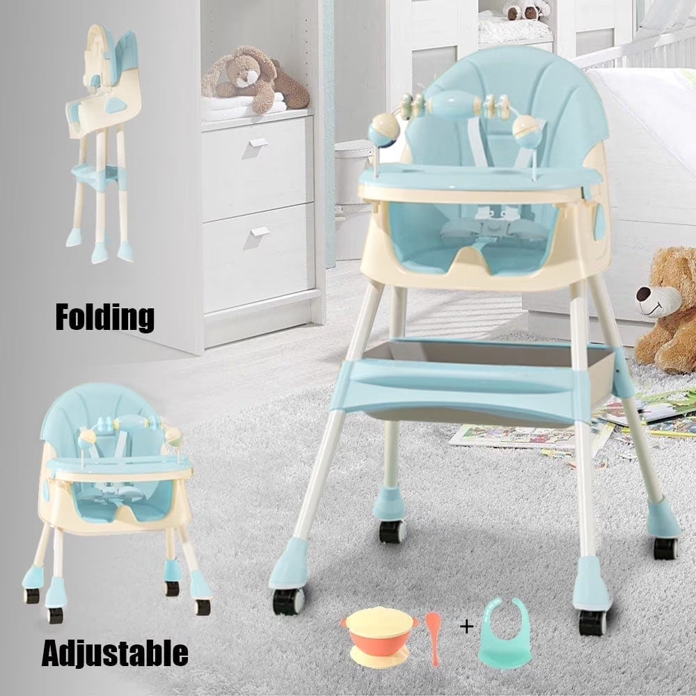 4-In-1 Baby High Chair Portable Baby Toddler Dining Chairs Eat & Play Convertible High Chair with 5-Point Harness, Dinner Plate and Toy Rack, Dark Blue