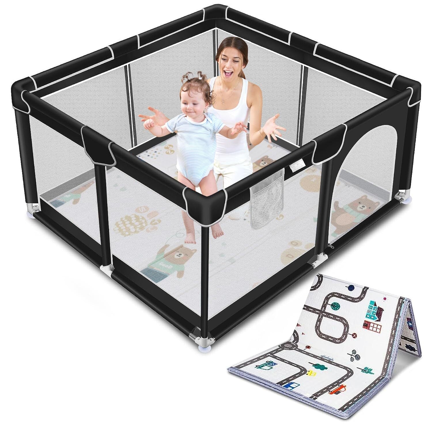 Foldable Baby Playpen Kids Safety Play Pen Yard Fence Tent + Anti-Slip Mat