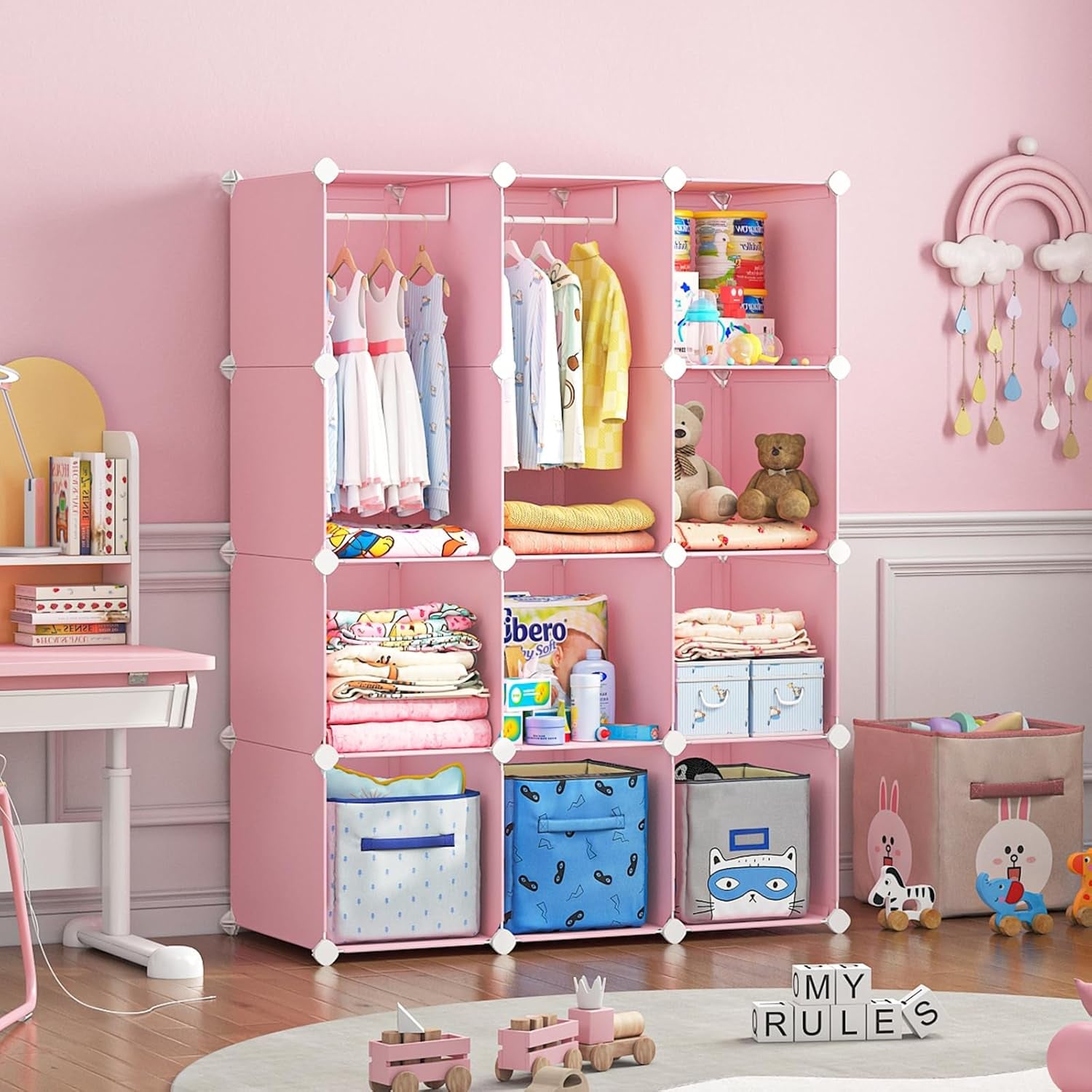 Pink Baby Dresser & Closet Organizer - 12 Cube Portable Wardrobe Storage