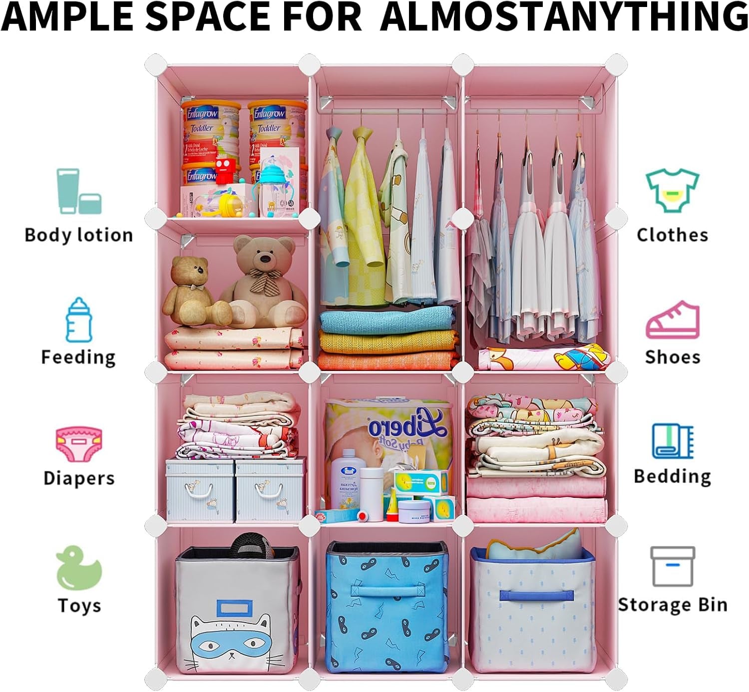 Pink Baby Dresser & Closet Organizer - 12 Cube Portable Wardrobe Storage