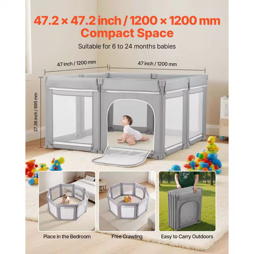 Baby Playpen, 47.2 X 47.2 In. Foldable Toddlers Playpen, Indoor/Outdoor Baby Fence Play Yard with Zippered Door