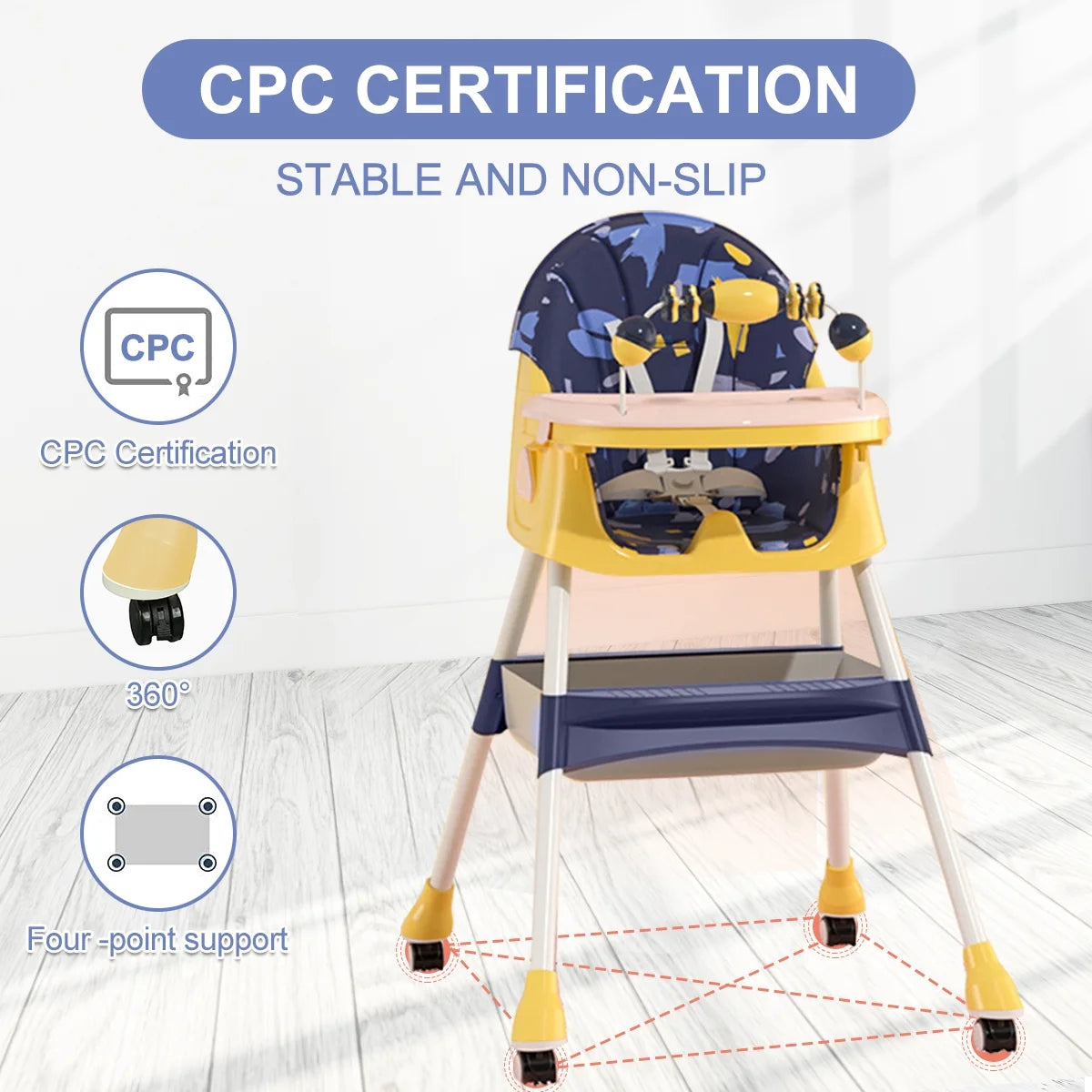 4-In-1 Baby High Chair Portable Baby Toddler Dining Chairs Eat & Play Convertible High Chair with 5-Point Harness, Dinner Plate and Toy Rack, Yellow