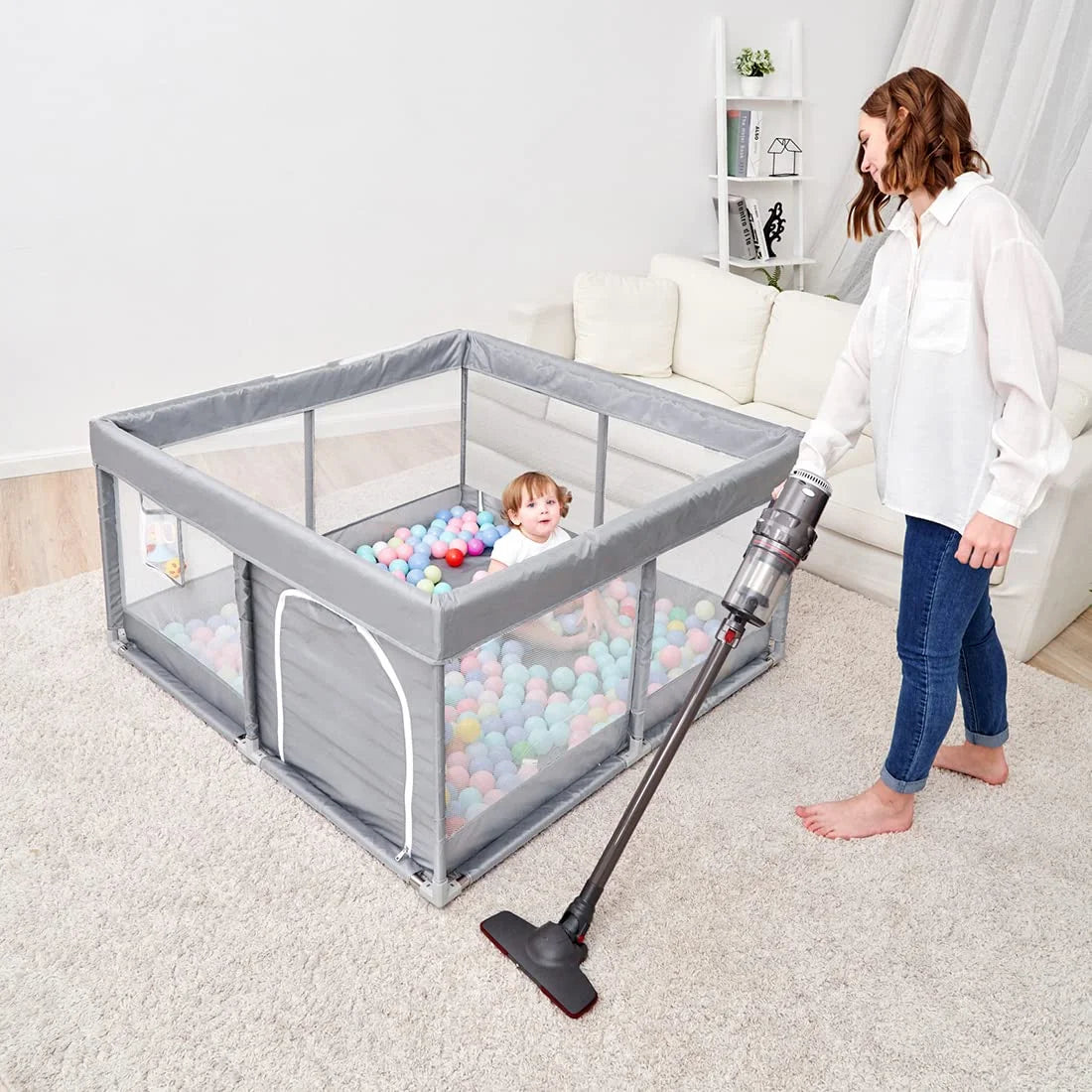 Large Playpen for Toddlers, Sturdy Baby Play Yards with Soft Breathable Mesh, Indoor & Outdoor Kids Activity for Infant Safety (50"×50")-Grey