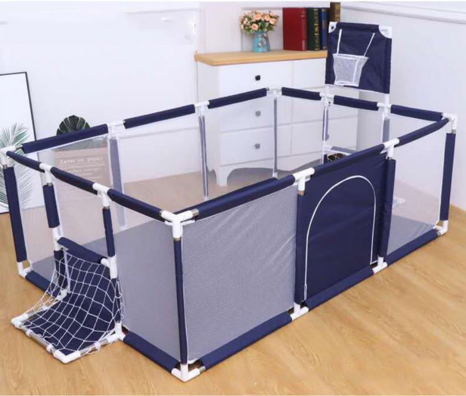 91 Inch Large Kid Baby Playpen Playard with Basketball Hoop,Folding Breathable Mesh Infant Children Play Game Fence for Indoors Outdoors Home