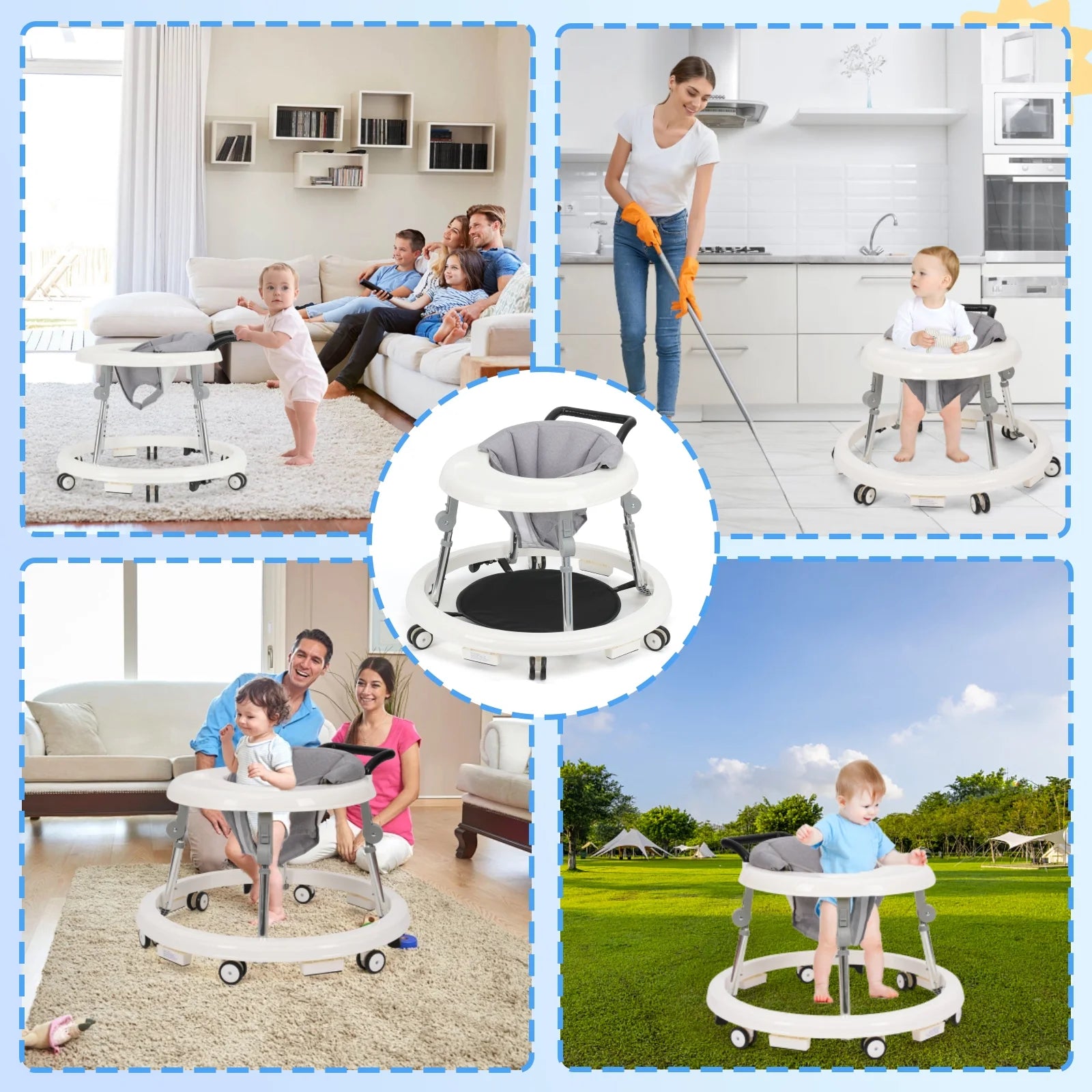 Baby Walker, Portable/Foldable/9 Adjustable Heights/With Wheels/Non-Slip Placement for 6-12 Months, White