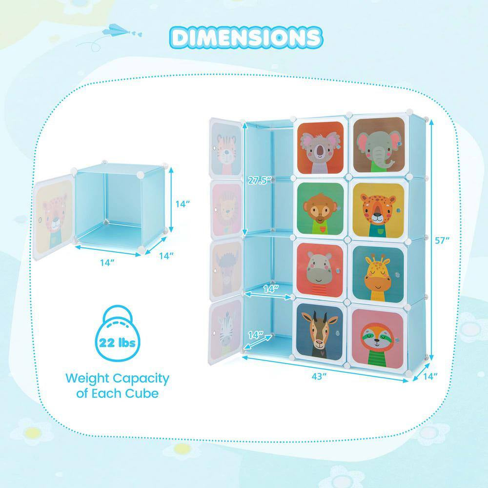12-Cube Kids Wardrobe Baby Dresser Bedroom Armoire Clothes Hanging Closet with Door Blue