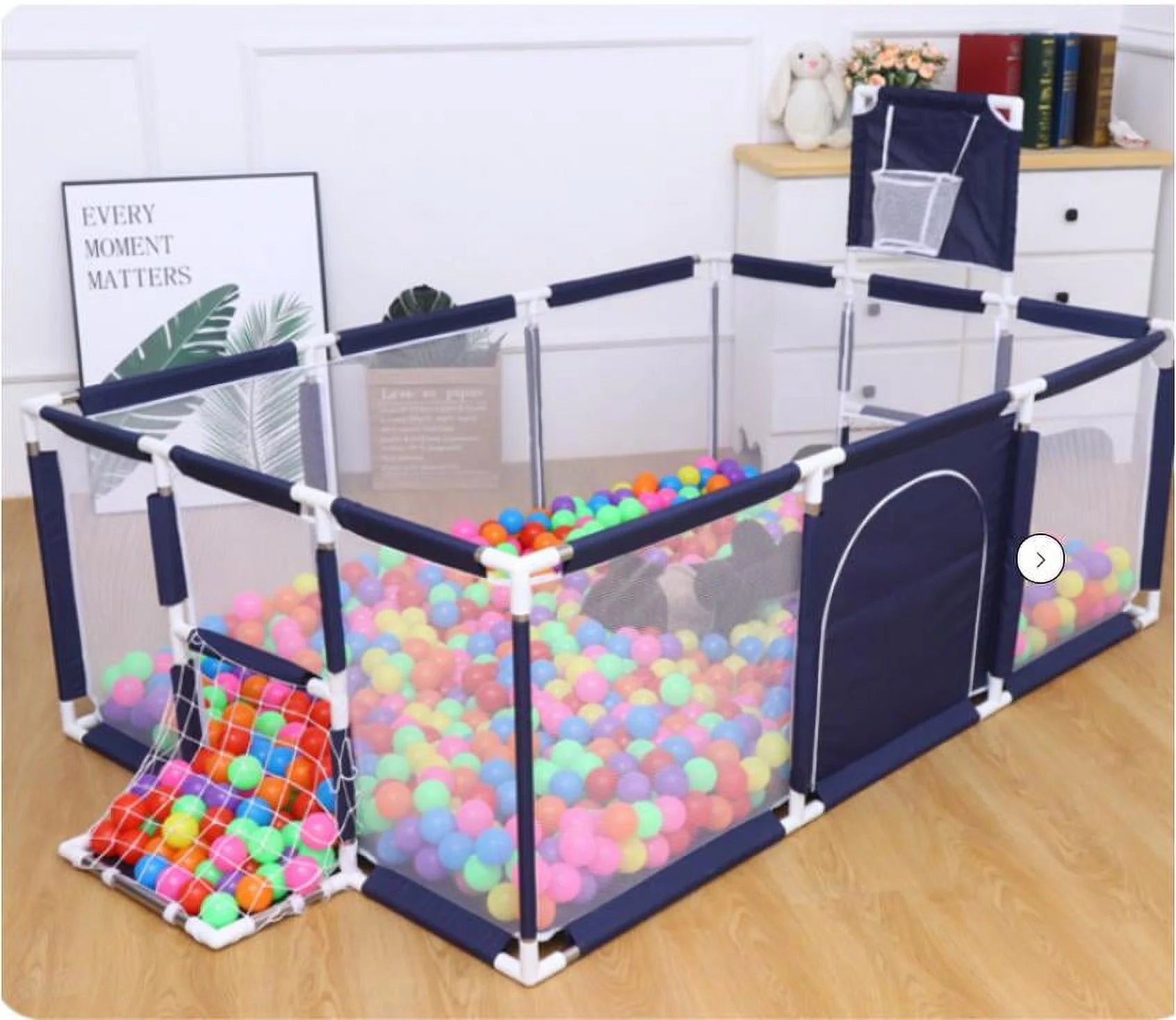 91 Inch Large Kid Baby Playpen Playard with Basketball Hoop,Folding Breathable Mesh Infant Children Play Game Fence for Indoors Outdoors Home
