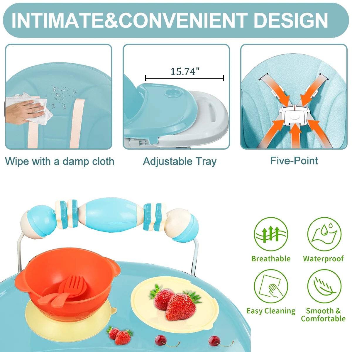 4-In-1 Baby High Chair Portable Baby Toddler Dining Chairs Eat & Play Convertible High Chair with 5-Point Harness, Dinner Plate and Toy Rack, Dark Blue