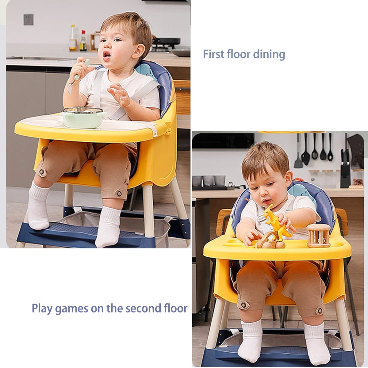 4-In-1 Baby High Chair Portable Baby Toddler Dining Chairs Eat & Play Convertible High Chair with 5-Point Harness, Dinner Plate and Toy Rack, Yellow