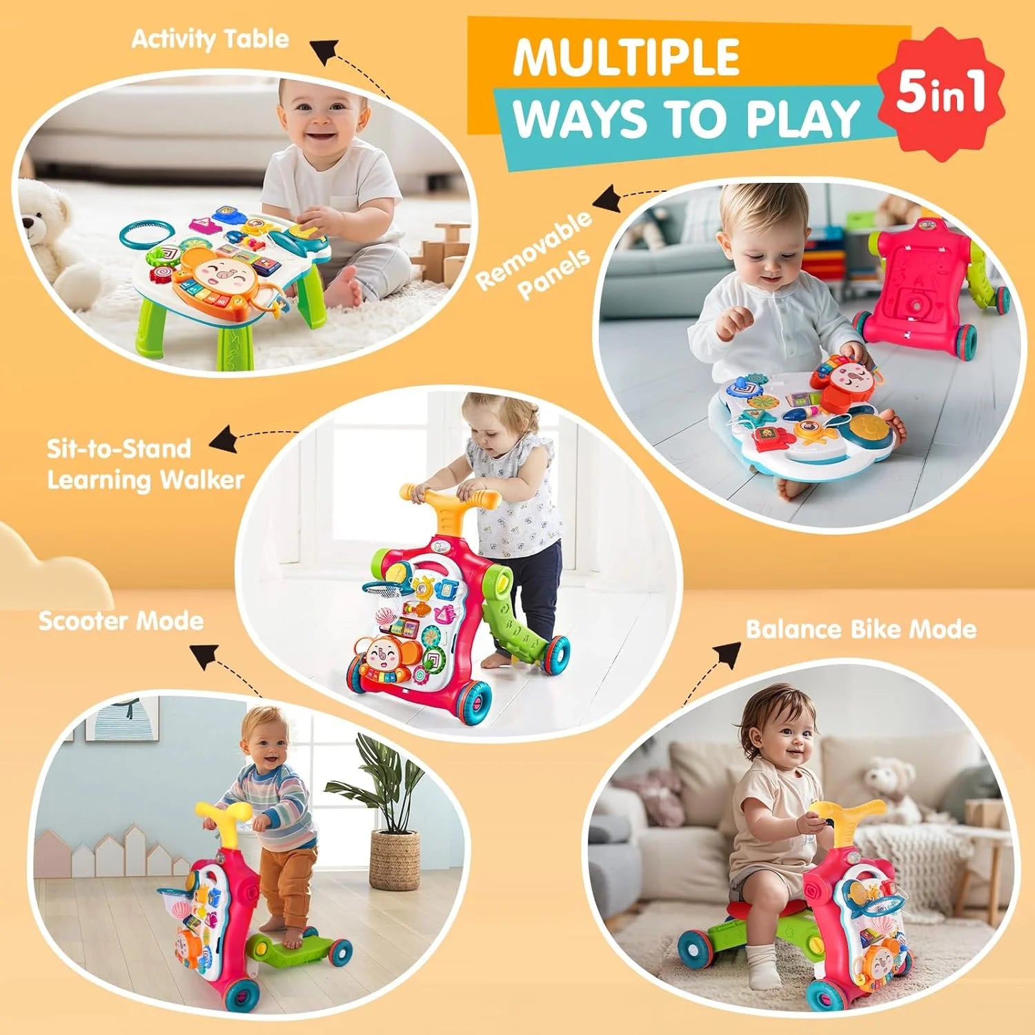 5-In-1 Baby Walker, Adjustable Height Push Walker with Wheels, Sit to Stand Infant Learning Toy for Boys Girls, Red