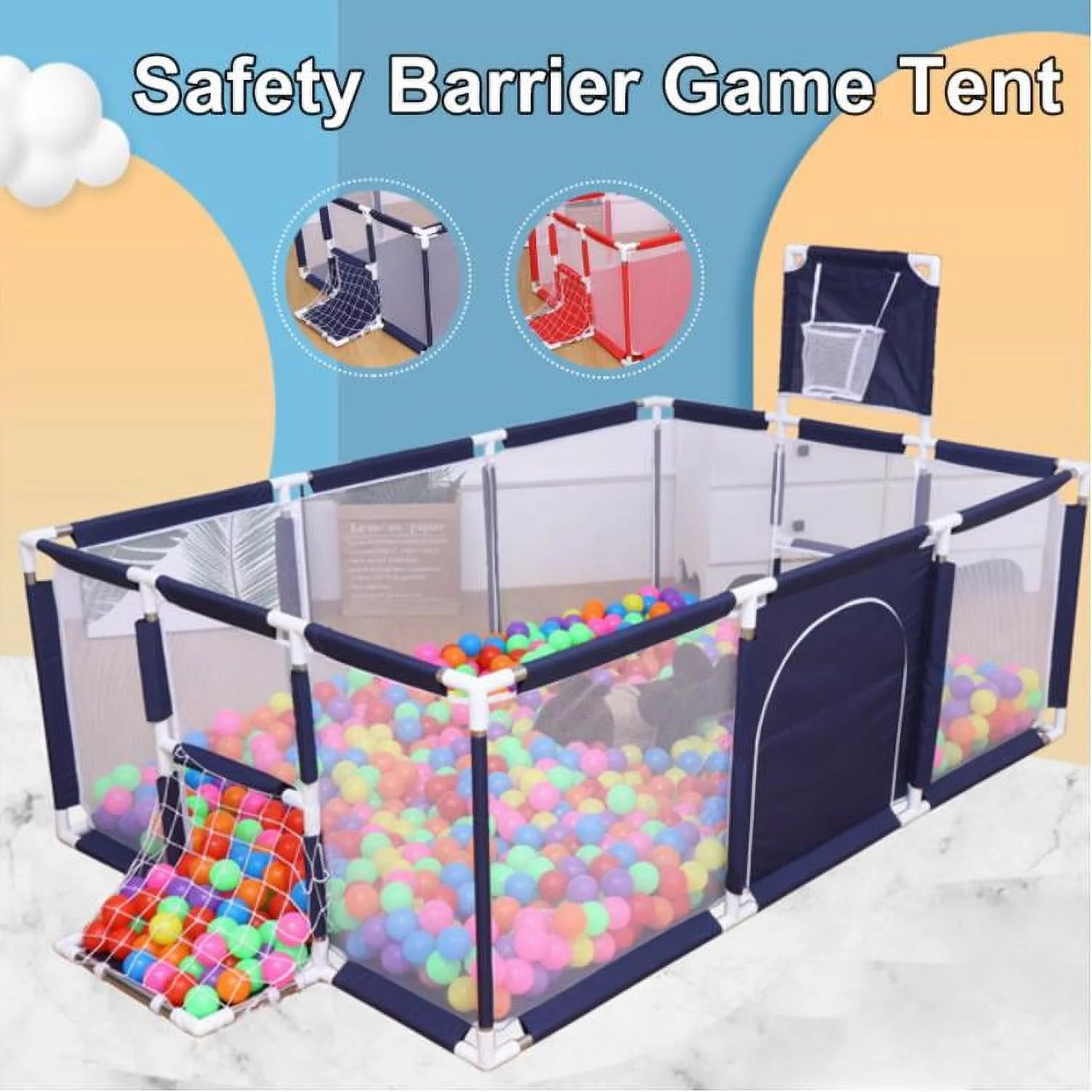 91 Inch Large Kid Baby Playpen Playard with Basketball Hoop,Folding Breathable Mesh Infant Children Play Game Fence for Indoors Outdoors Home