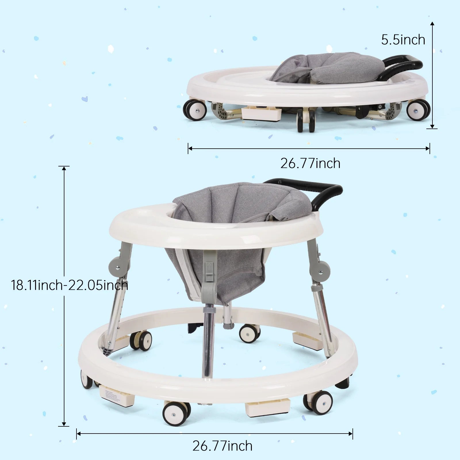 Baby Walker, Portable/Foldable/9 Adjustable Heights/With Wheels/Non-Slip Placement for 6-12 Months, White