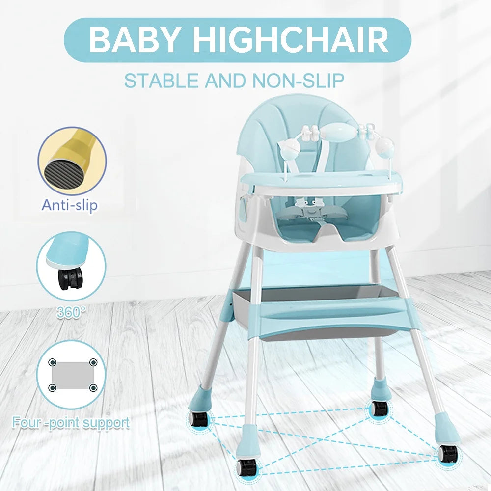 4-In-1 Baby High Chair Portable Baby Toddler Dining Chairs Eat & Play Convertible High Chair with 5-Point Harness, Dinner Plate and Toy Rack, Dark Blue