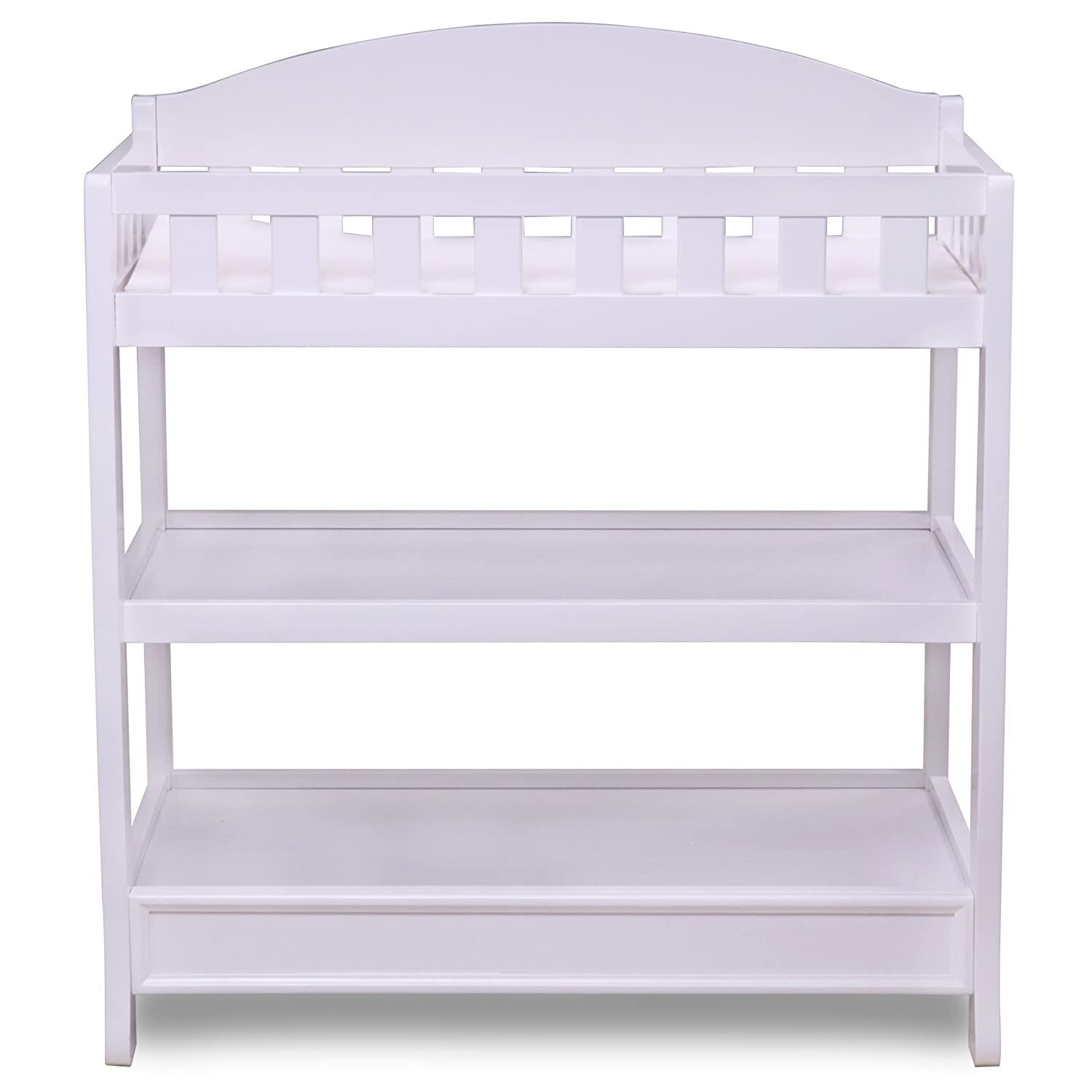 Delta Children Infant Changing Table with Pad Wood 2 Shelves Safety Rails White