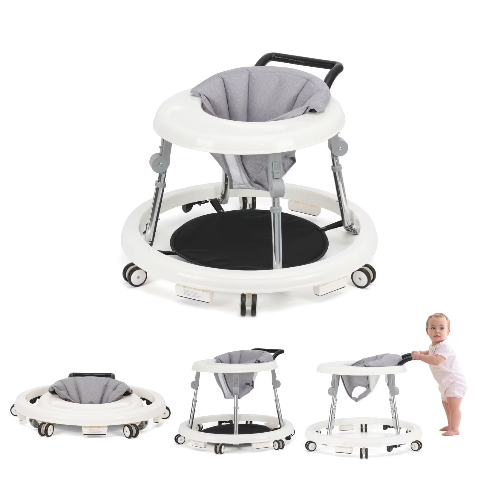 Baby Walker, Portable/Foldable/9 Adjustable Heights/With Wheels/Non-Slip Placement for 6-12 Months, White