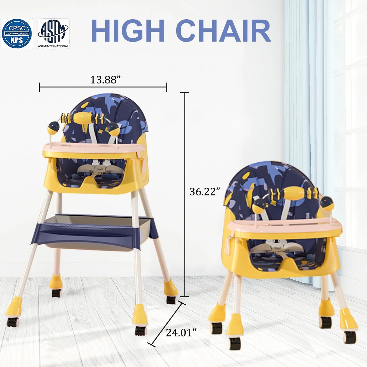 4-In-1 Baby High Chair Portable Baby Toddler Dining Chairs Eat & Play Convertible High Chair with 5-Point Harness, Dinner Plate and Toy Rack, Yellow