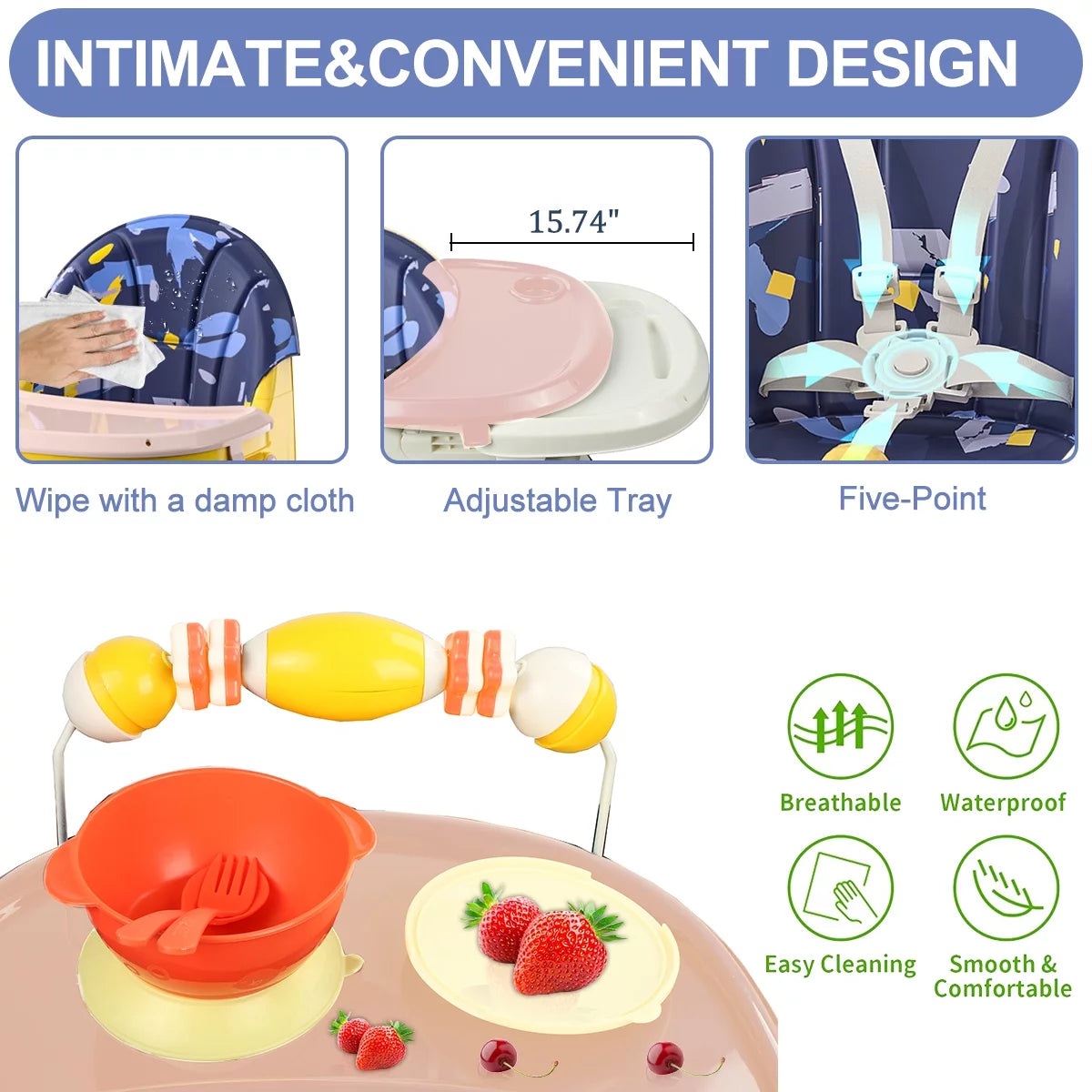 4-In-1 Baby High Chair Portable Baby Toddler Dining Chairs Eat & Play Convertible High Chair with 5-Point Harness, Dinner Plate and Toy Rack, Yellow