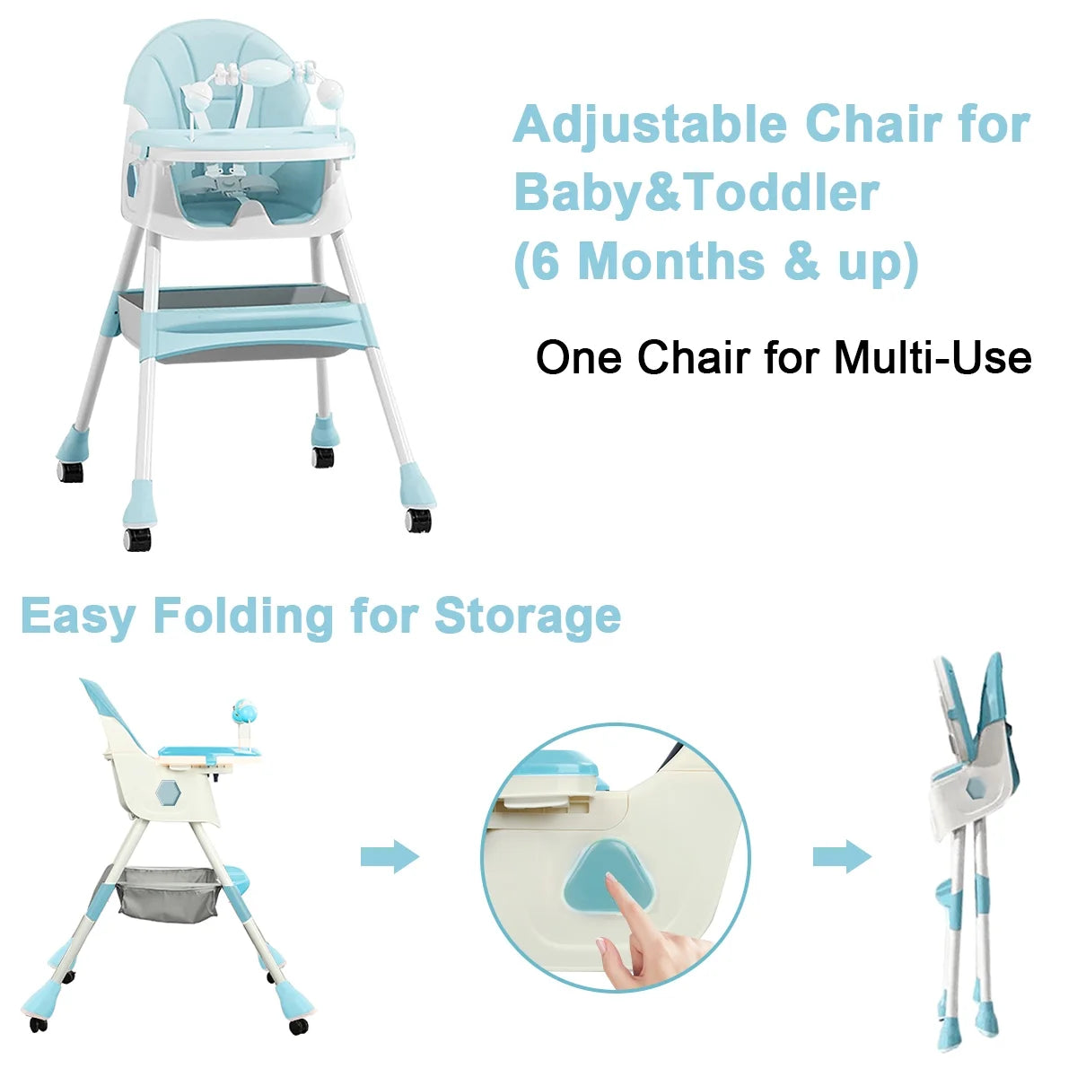 4-In-1 Baby High Chair Portable Baby Toddler Dining Chairs Eat & Play Convertible High Chair with 5-Point Harness, Dinner Plate and Toy Rack, Dark Blue