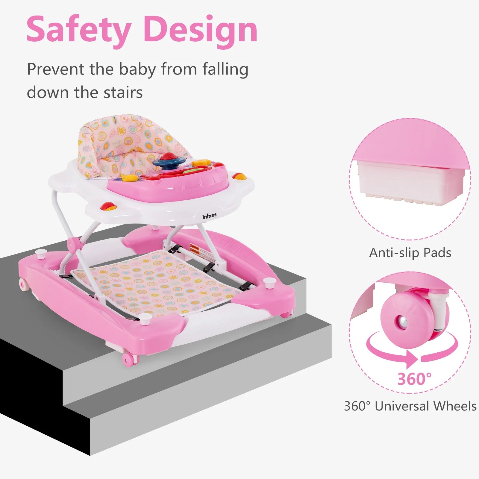 Baby Walker, 6 in 1 behind Walker Learning Seated Rocker Bouncer with Removable Music Tray, Adjustable Height, Washable Seat Cushion, Foldable Activity Center for Toddlers