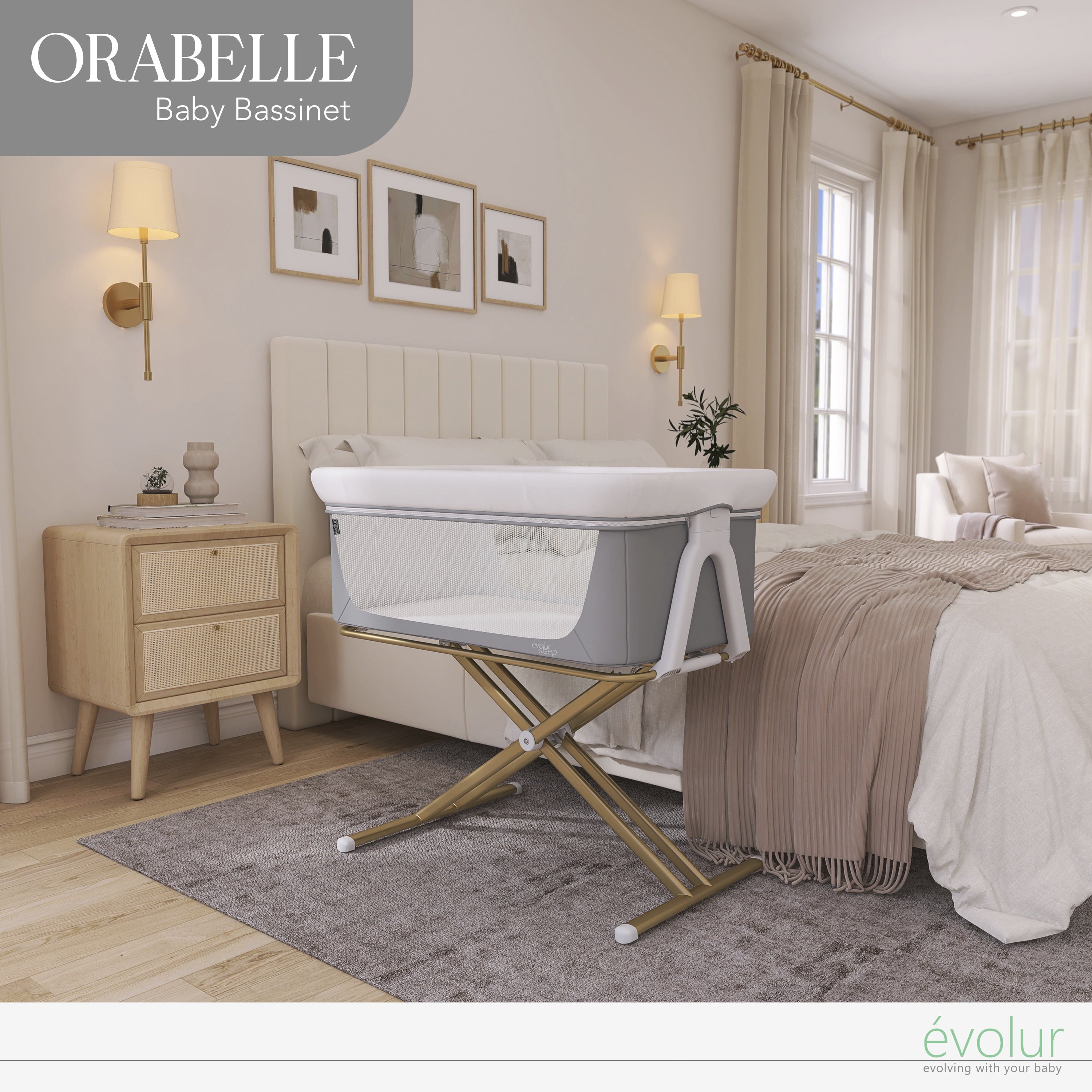 Orabelle Bedside Bassinet and Sleeper for Baby in Gray, Easy to Fold and Carry