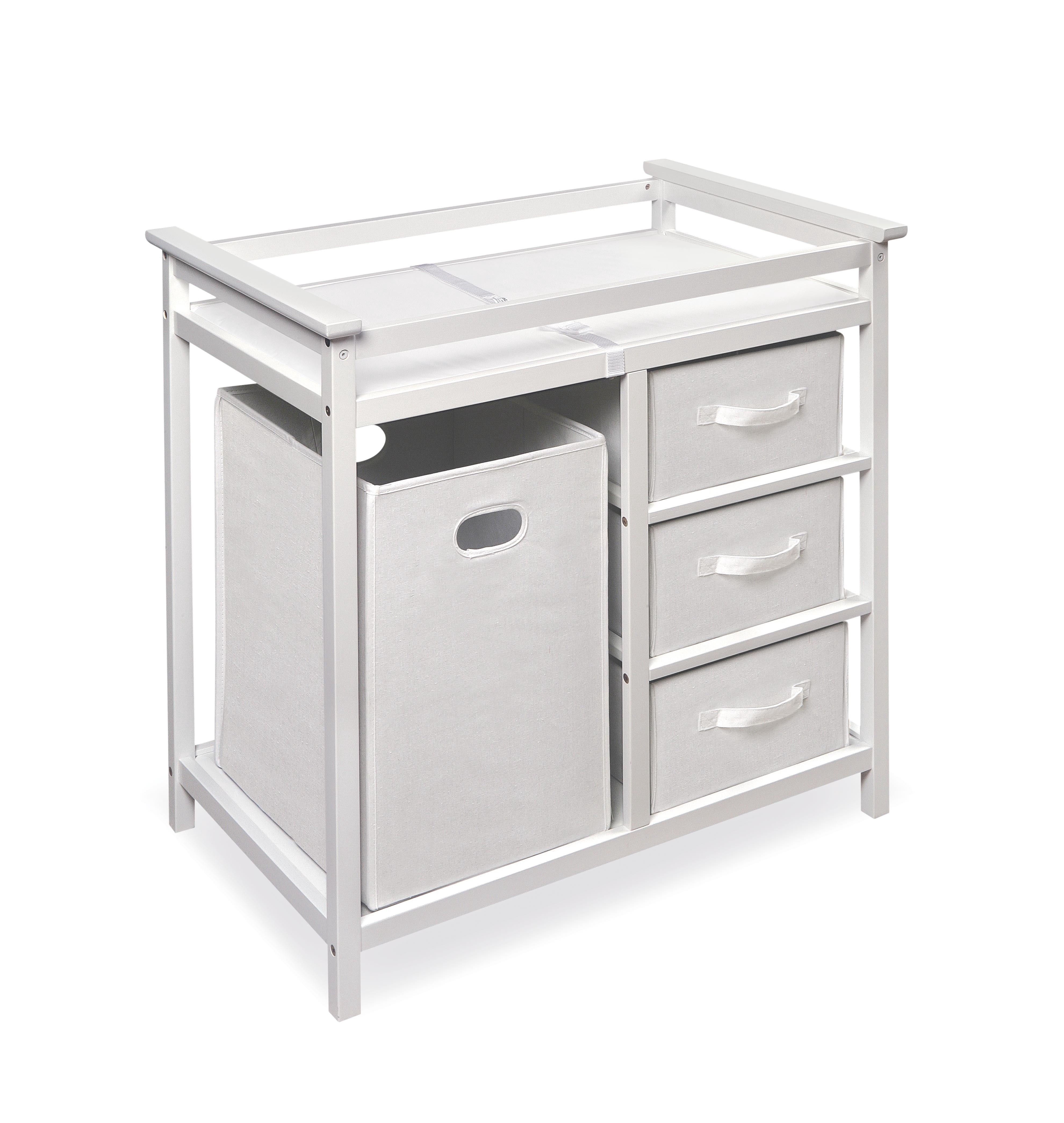 Modern Wooden Baby Diaper Changing Table with Hamper, 3 Baskets and Pad Included, White