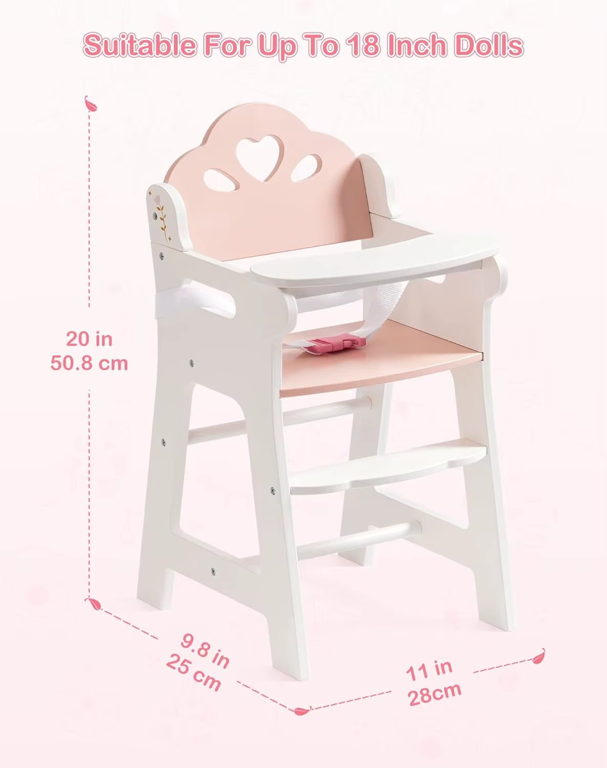 Robud Doll High Chair Pretend Play High Chair with Seat Belt White Wooden Baby Doll Accessories with Movable Tabletop