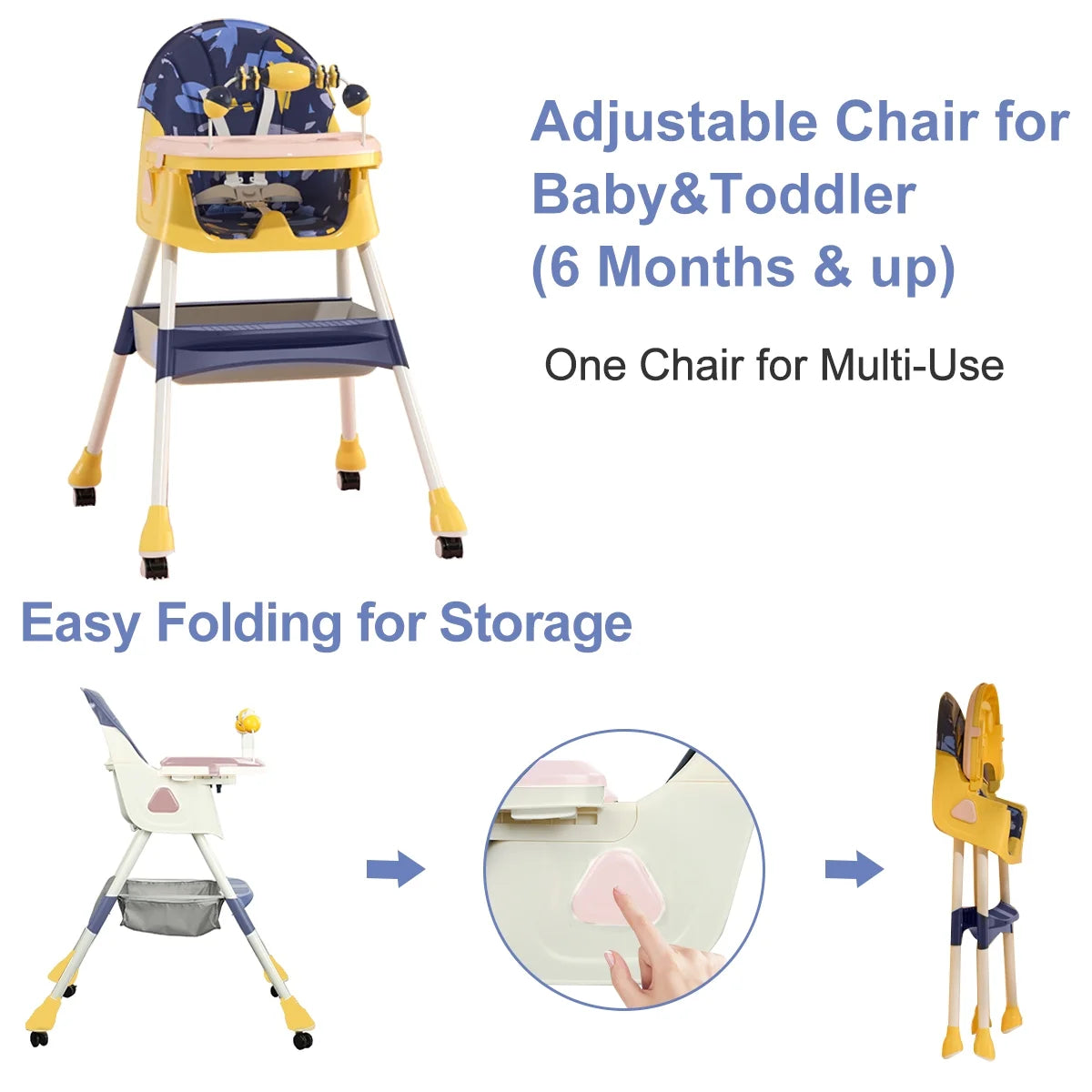 4-In-1 Baby High Chair Portable Baby Toddler Dining Chairs Eat & Play Convertible High Chair with 5-Point Harness, Dinner Plate and Toy Rack, Yellow